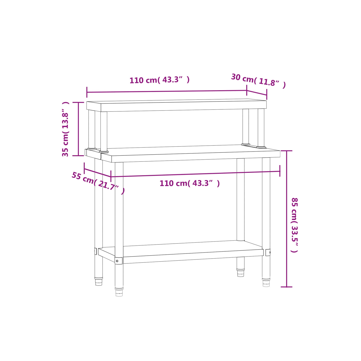 vidaXL Kitchen Work Table with Overshelf 110x55x120 cm Stainless Steel