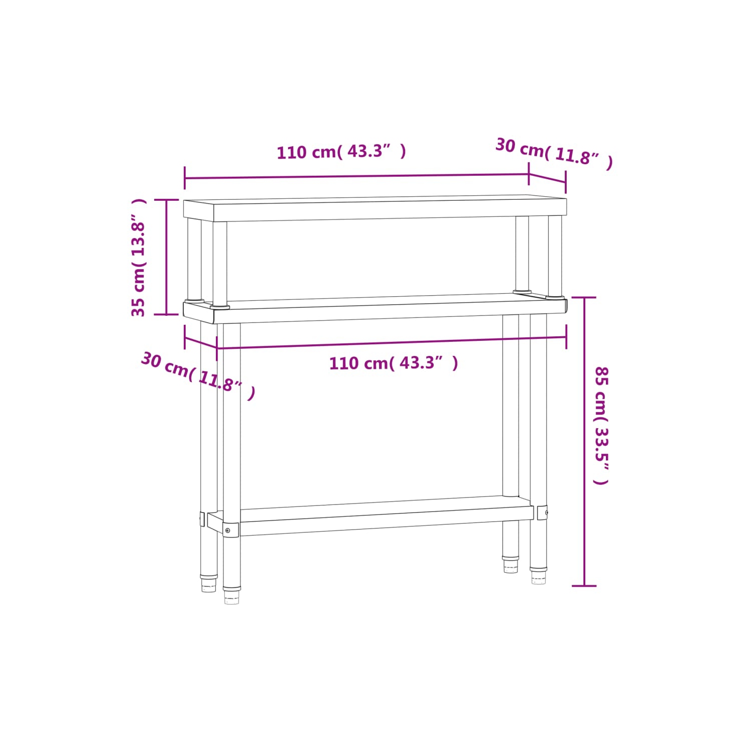 vidaXL Kitchen Work Table with Overshelf 110x30x120 cm Stainless Steel