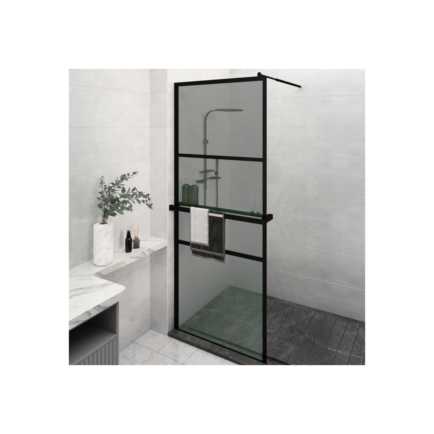 vidaXL Walk-in Shower Wall with Shelf Black 80x195cm ESG Glass&Aluminium