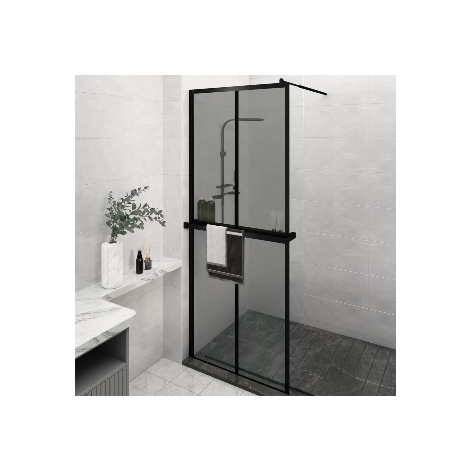 vidaXL Walk-in Shower Wall with Shelf Black 80x195cm ESG Glass&Aluminium