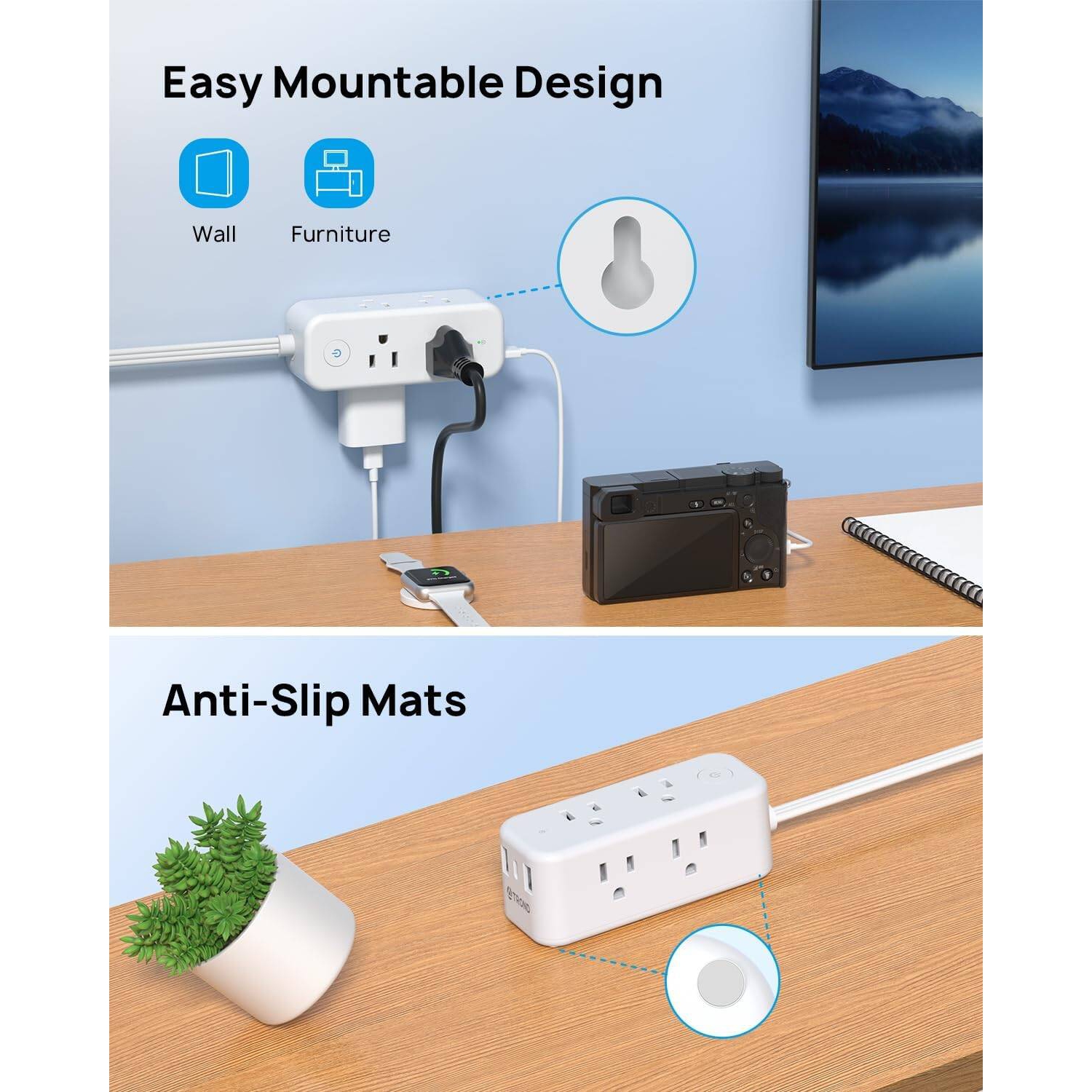 Barre d'alimentation ultramince à fiche plate USB-C, rallonge plate, parasurtenseur intérieur 10 pi, 6 prises multiples, 3 ports USB pour les