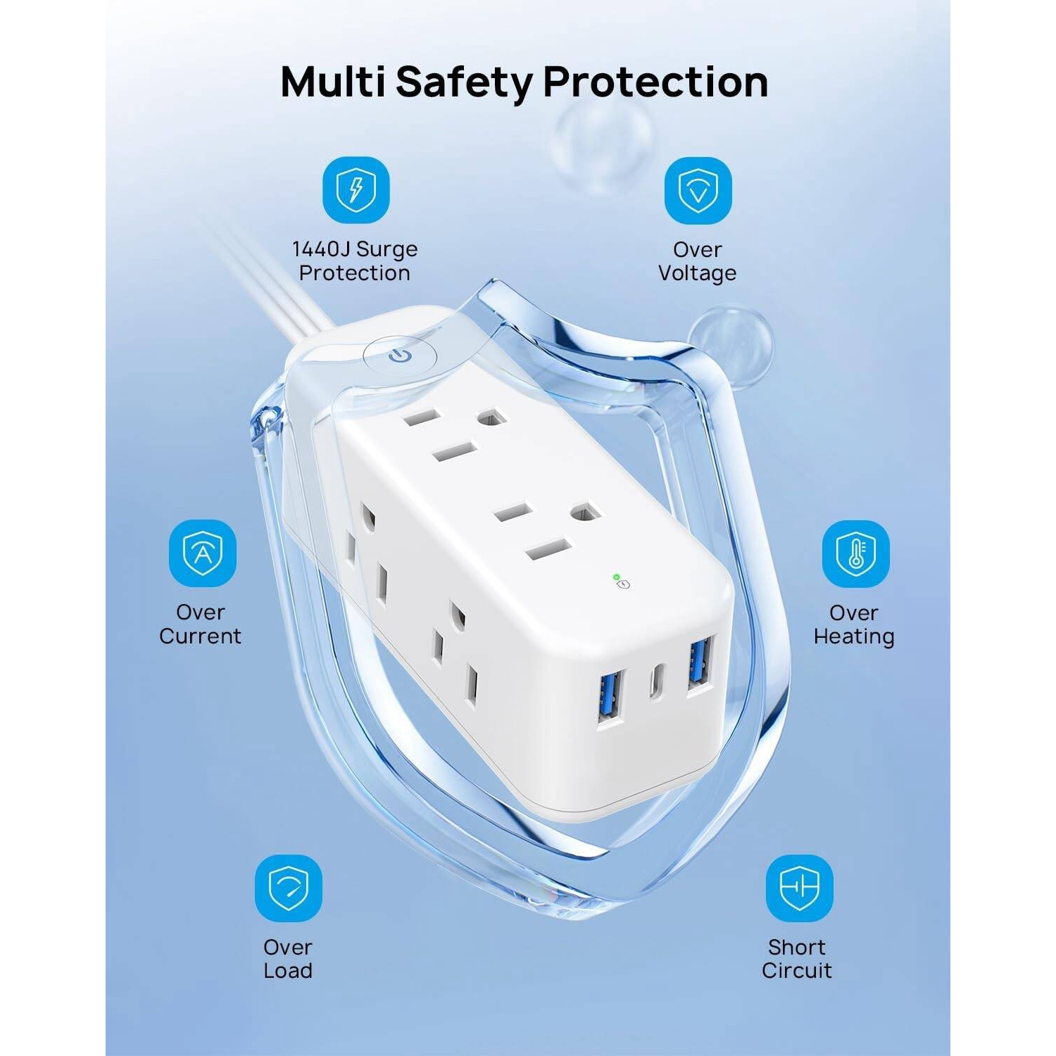 Barre d'alimentation ultramince à fiche plate USB-C, rallonge plate, parasurtenseur intérieur 10 pi, 6 prises multiples, 3 ports USB pour les