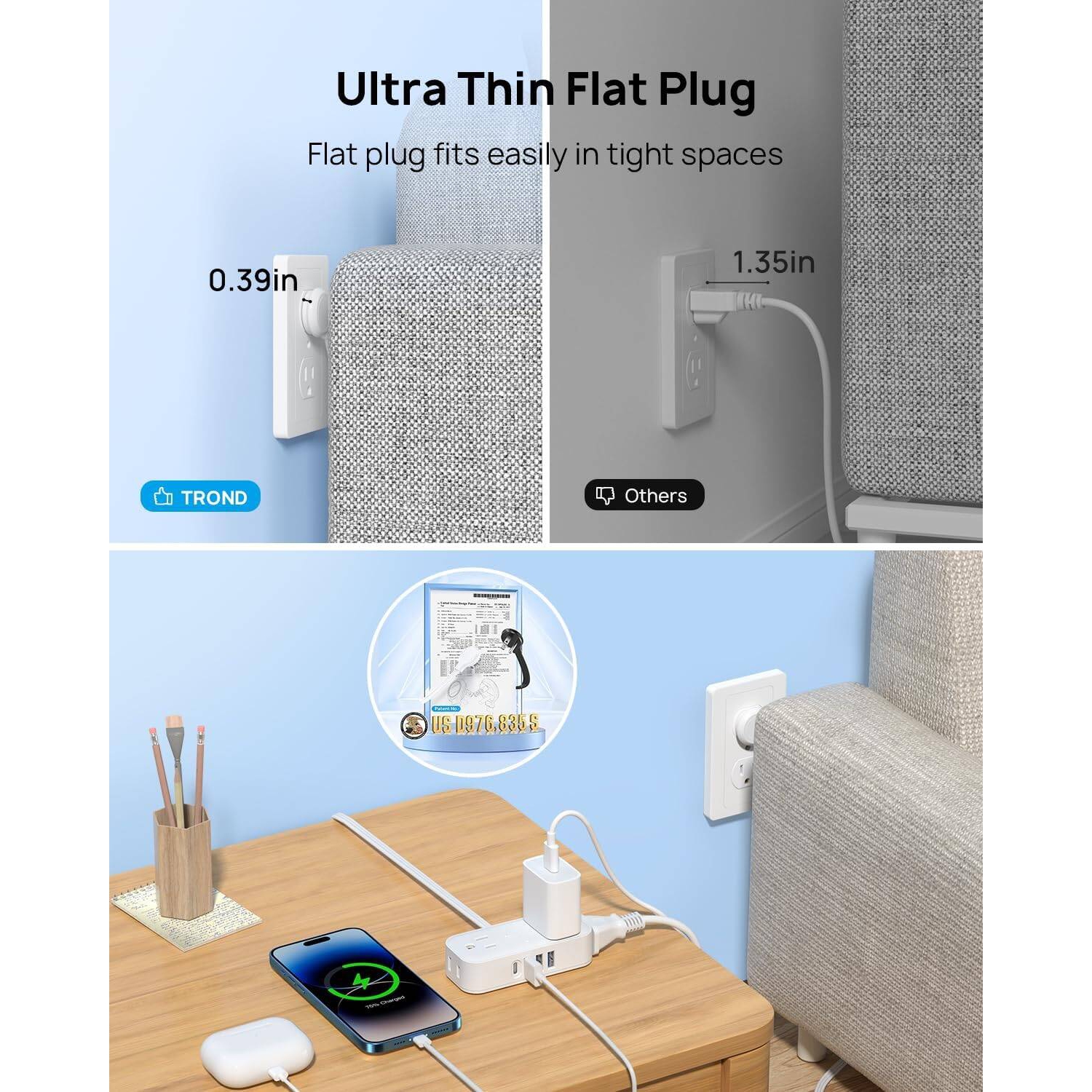 Ultra-Thin Flat Plug Power Bar, 4 USB Ports 4 Multi Outlets, USB C Flat Extension Cord Indoor 5ft, Cruise Ship Travel Essentials, Small Desktop Power