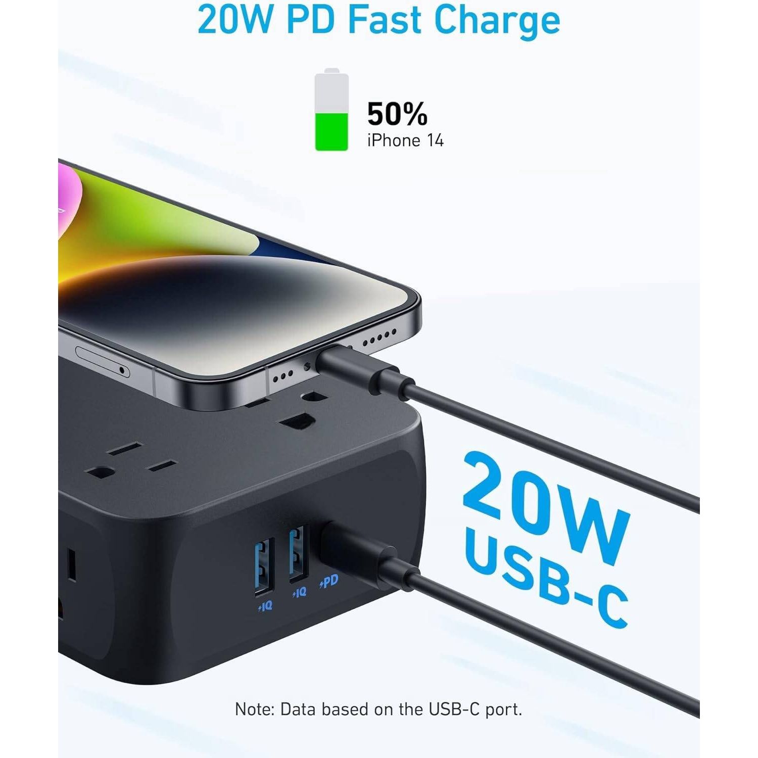 Parasurtenseur 2000&nbsp;J, 2 ports USB-A et 1 port USB-C, barre d'alimentation USB à 8 prises, 20&nbsp;W Power Delivery pour iPhone 14, rallonge