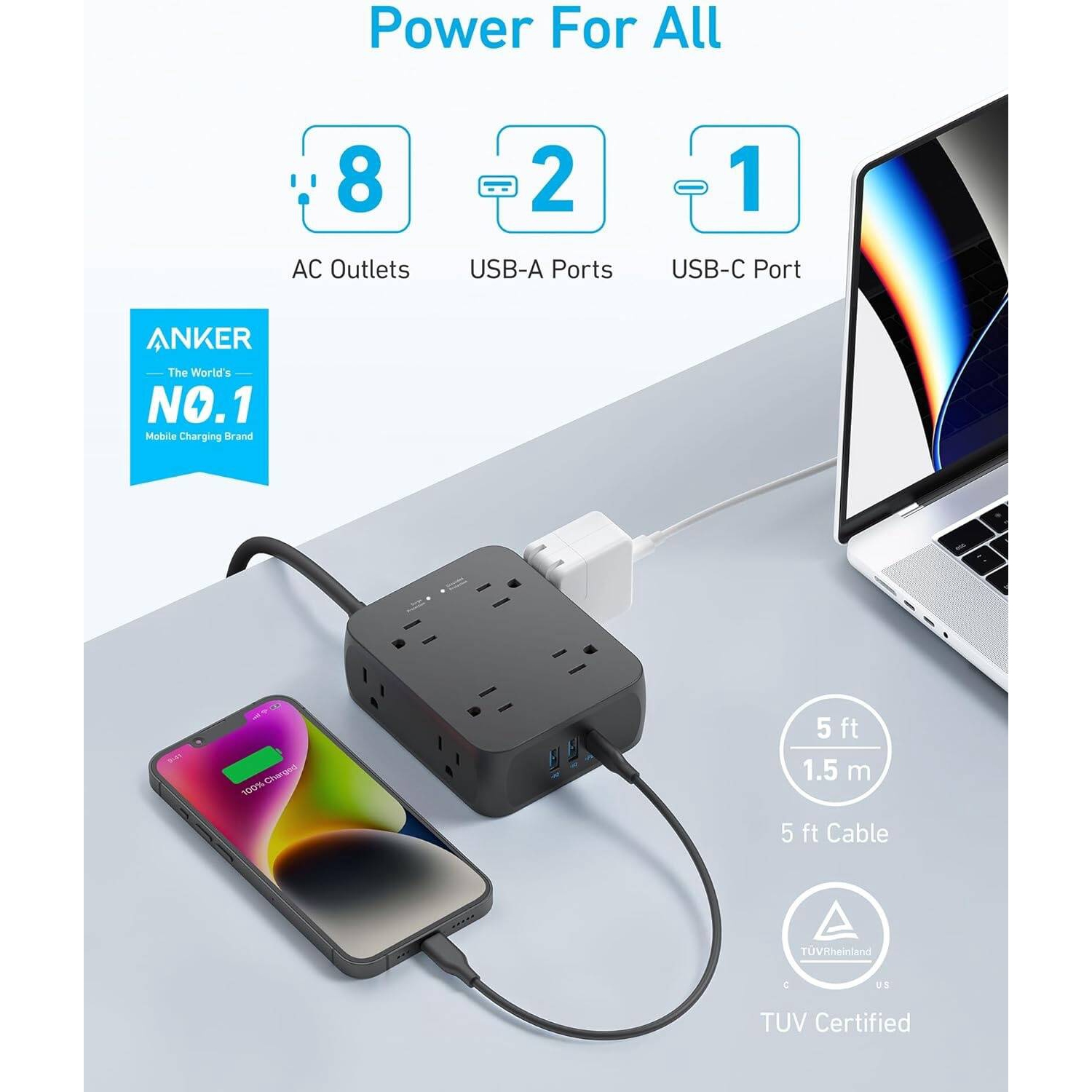 Parasurtenseur 2000&nbsp;J, 2 ports USB-A et 1 port USB-C, barre d'alimentation USB à 8 prises, 20&nbsp;W Power Delivery pour iPhone 14, rallonge