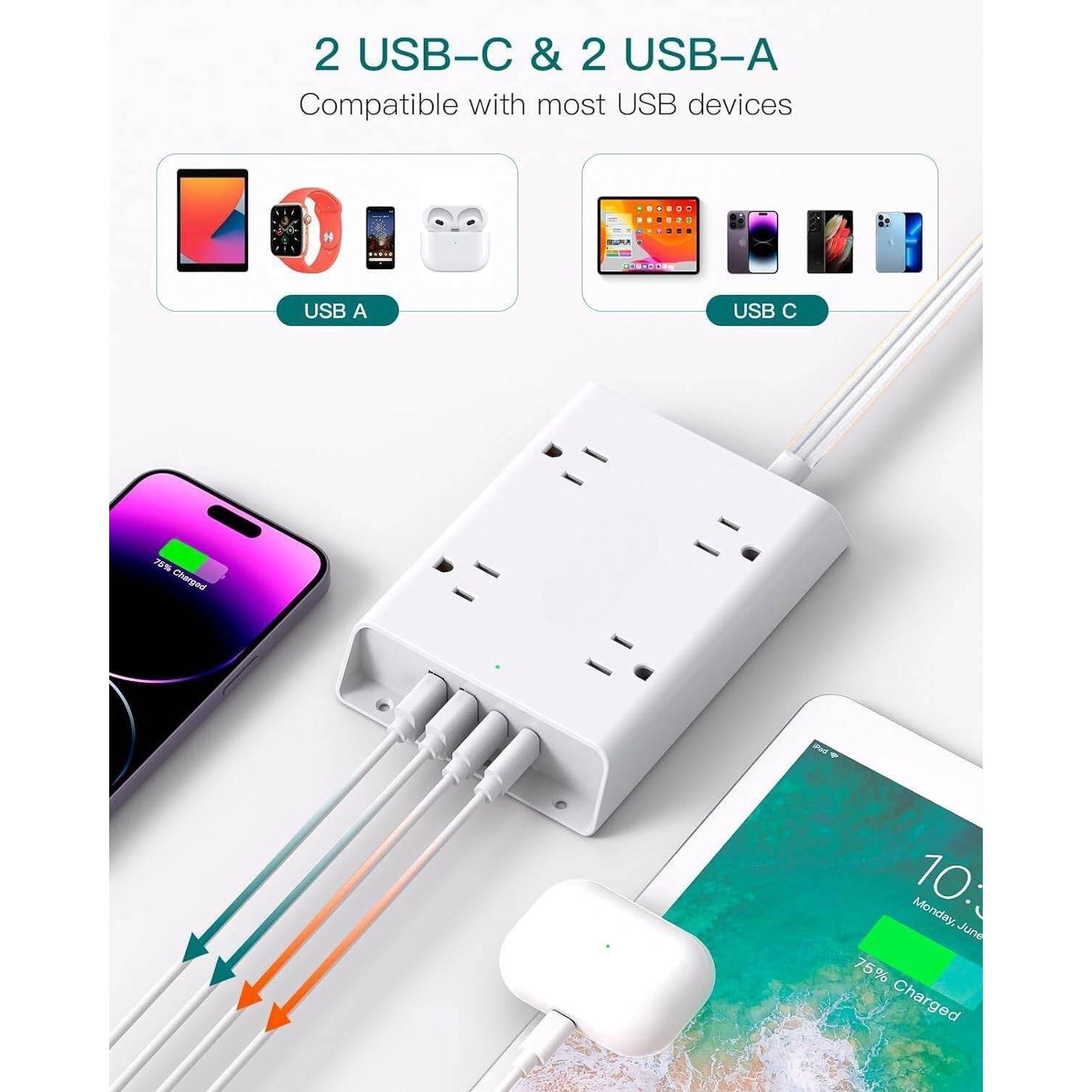 Parasurtenseur, 4 prises, station de chargement de bureau, rallonge 5&nbsp;pi à prise plate, chargeur mural USB 4 pour le bureau à domicile