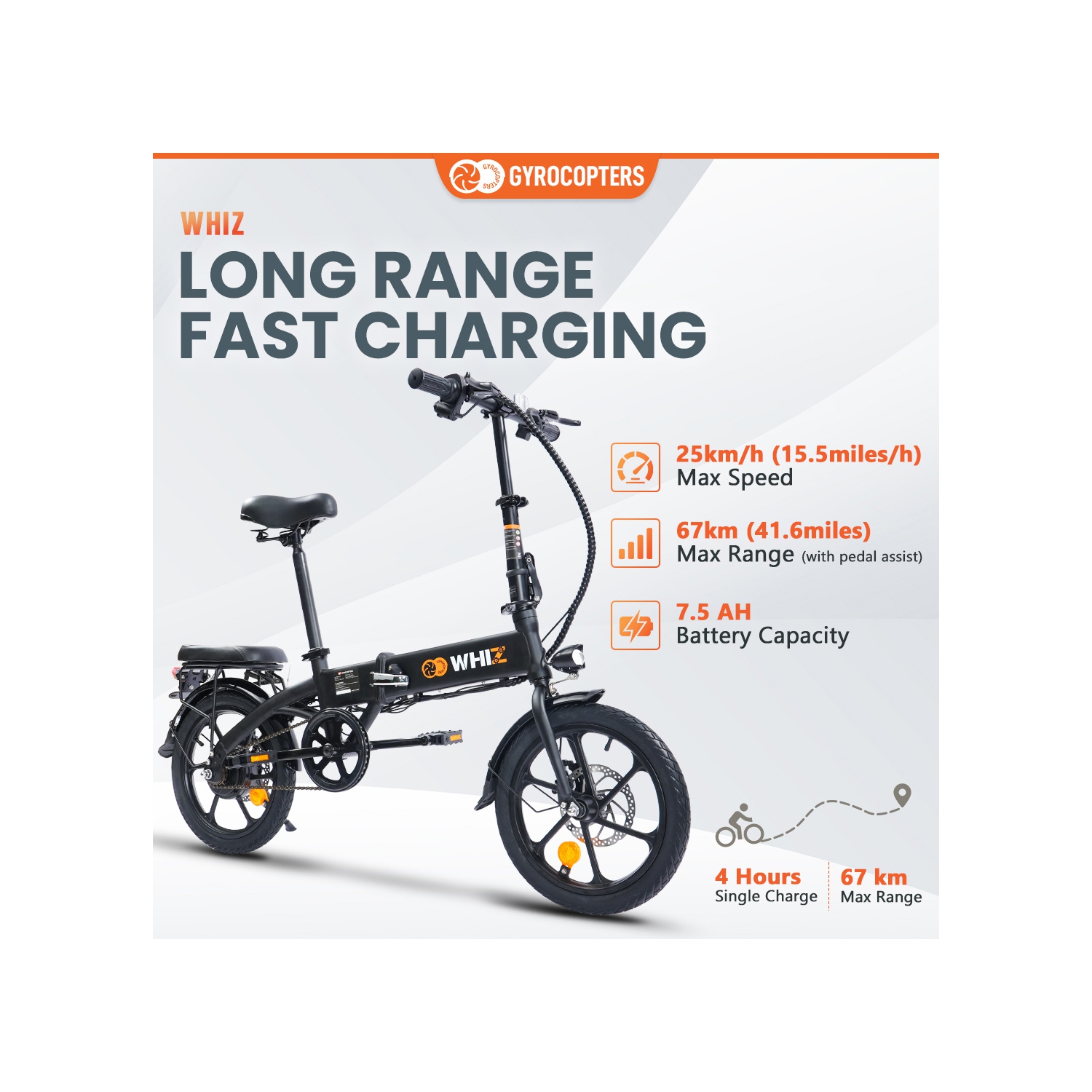 Remis à neuf vélo électrique pliable Whiz de Gyrocopters | compact pliable à 3 niveaux pour vélo électrique | moteur 350W | vitesse jusqu'à 25kmh