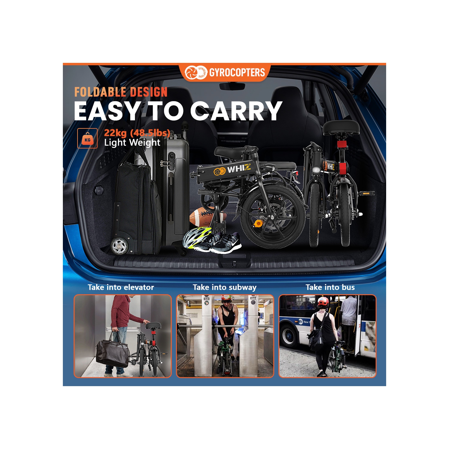 Remis à neuf vélo électrique pliable Whiz de Gyrocopters | compact pliable à 3 niveaux pour vélo électrique | moteur 350W | vitesse jusqu'à 25kmh