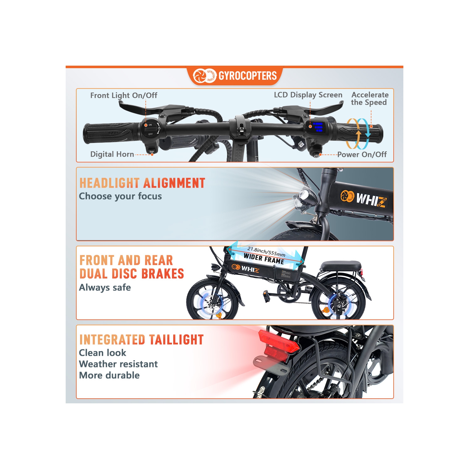 Remis à neuf vélo électrique pliable Whiz de Gyrocopters | compact pliable à 3 niveaux pour vélo électrique | moteur 350W | vitesse jusqu'à 25kmh