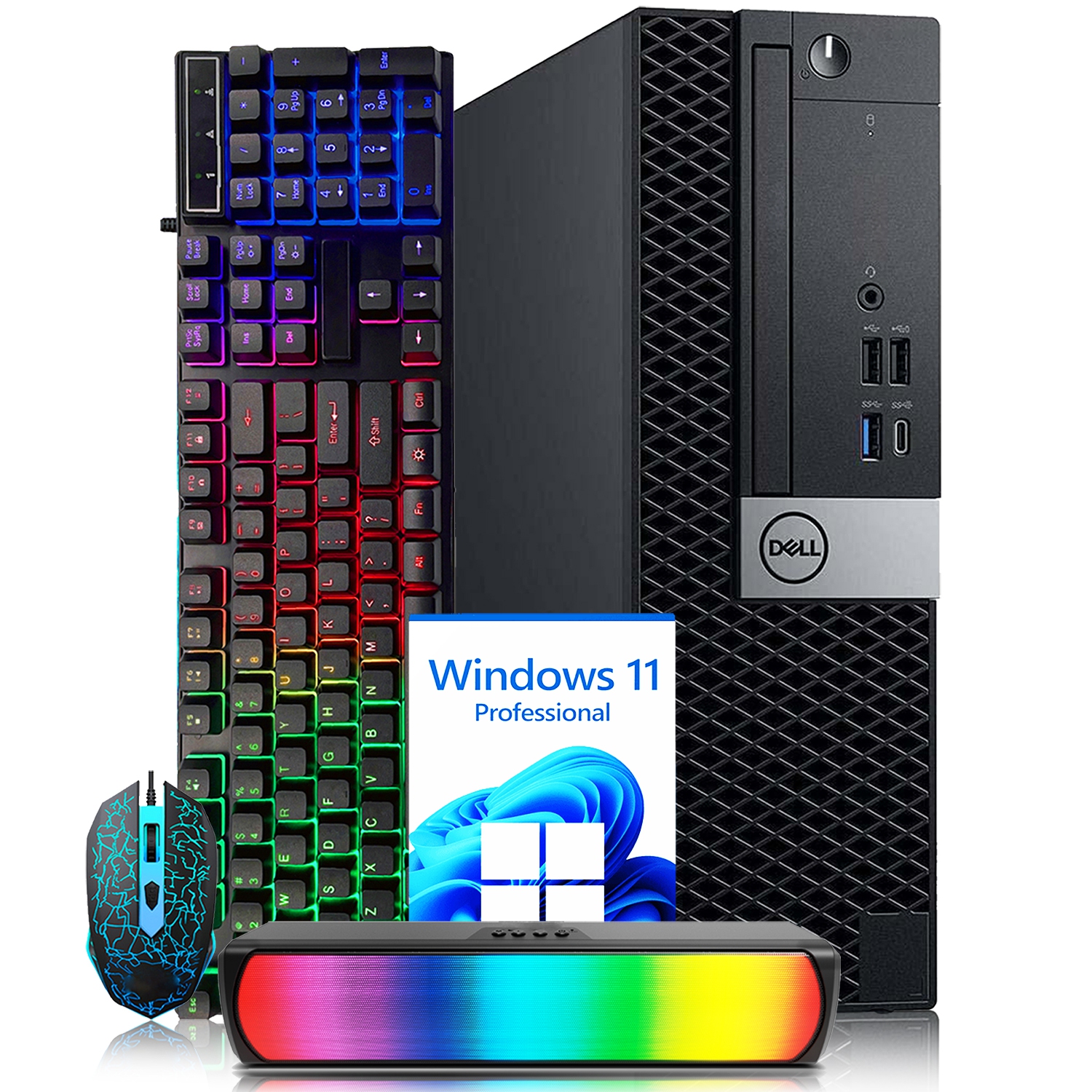 Refurbished (Excellent) - Dell Desktop Business Computer OptiPlex SFF PC | Intel i7 Processor | 32GB DDR4 RAM | 2TB NVMe SSD | Gaming Keyboard Mouse | RGB Sound Bar | Built in WIFI