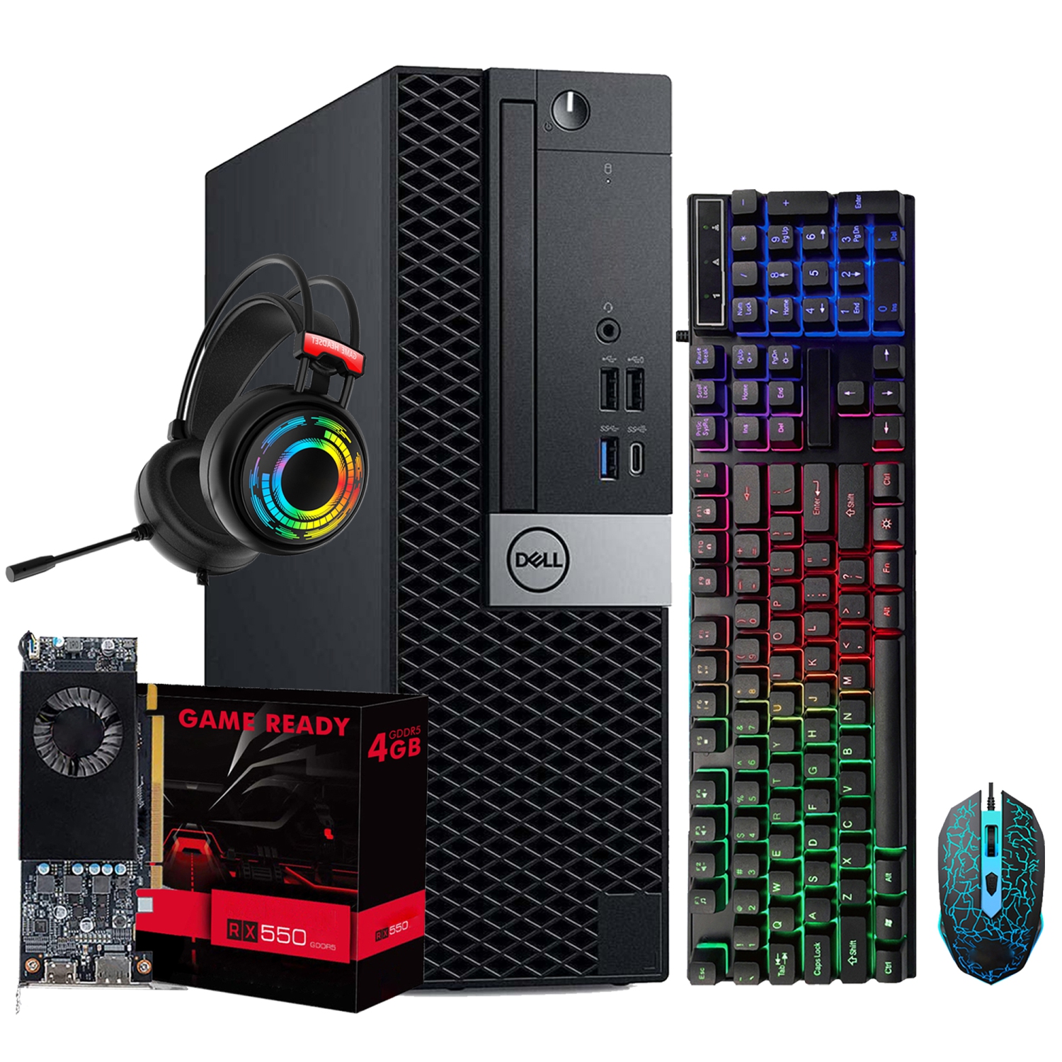 Refurbished - Dell Gaming PC OptiPlex SFF Computer Combo | Intel i7 Hexa-Core CPU | 16GB DDR4 RAM | 512GB NVMe SSD | AMD RX 550 4GB | Gaming Headset