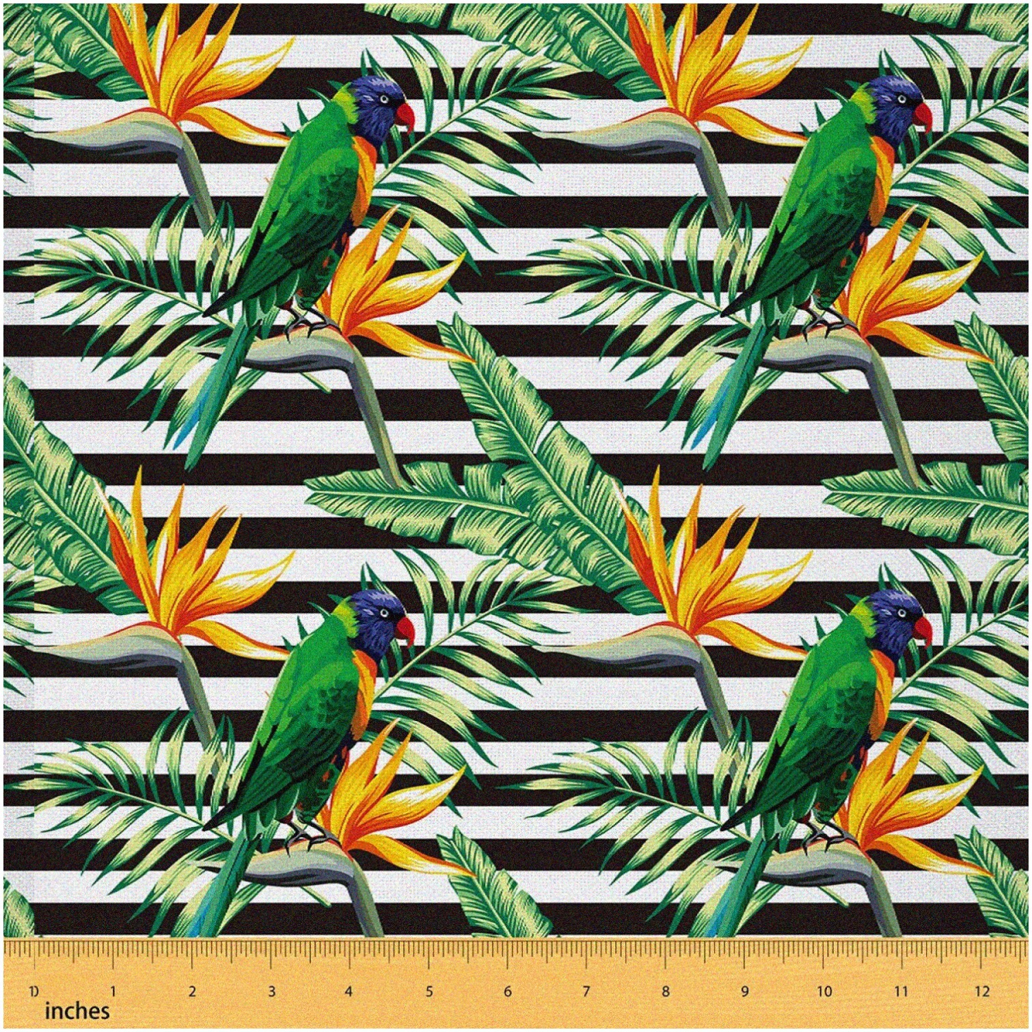 Tropicana Paradise: Exotic Black & White Stripe Fabric with Green Palm Leaves, Bird & Parrot Motifs - Vibrant Botanical Yellow Floral - Perfect for Indoor & Outdoor Décor! 1 Yard