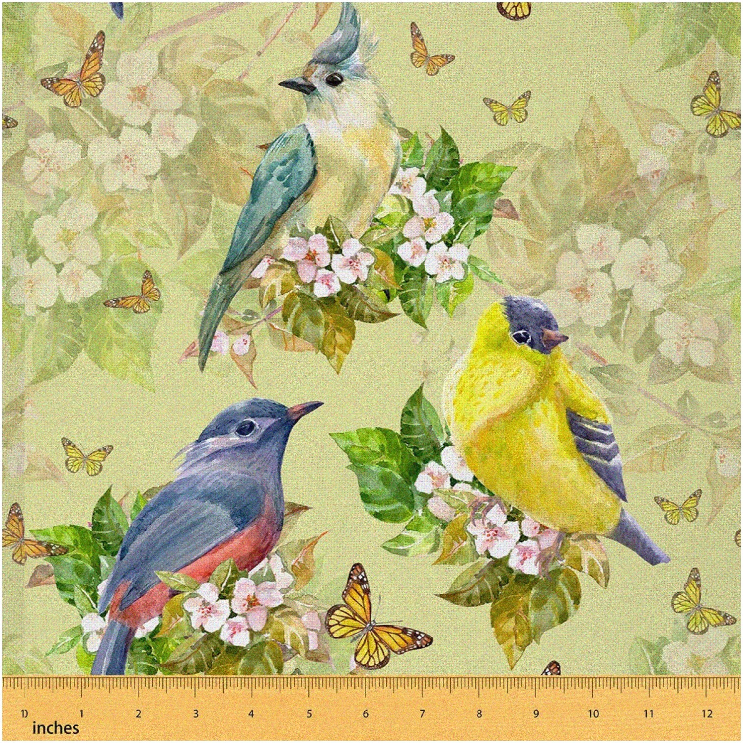 Wild Garden Delight Fabric: Colorful Birds & Watercolor Flowers for Sewing, Curtains, and DIY Projects - 1 Yard