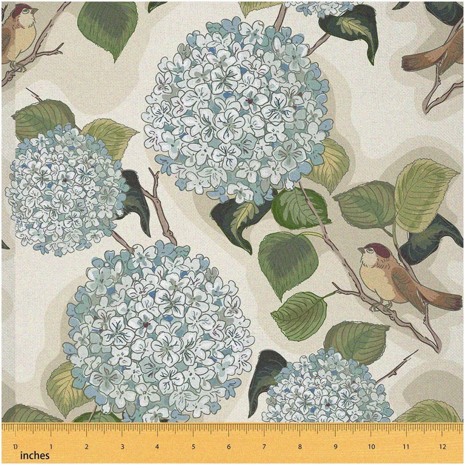 Watercolor Garden Fabric - Blue Hydrangea & Animal Bird Floral for DIY Upholstery & Sewing Projects - Kids & Adults Botanical Leaf & Plant Print - 1 Yard