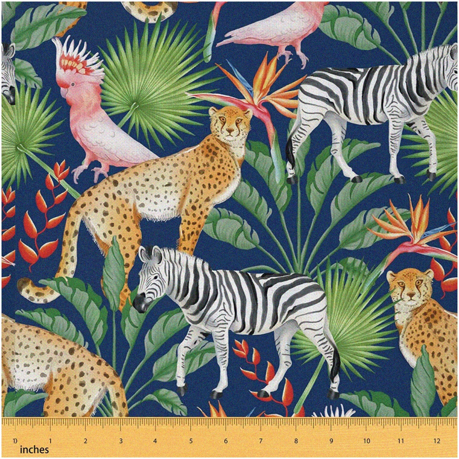 Wild Safari Jungle Print Fabric - Cheetah Leopard Zebra Bird Animal Pattern - Indoor Outdoor Upholstery - Palm Plantain Leaf Tropical Sewing Arts DIY - 1 Yard