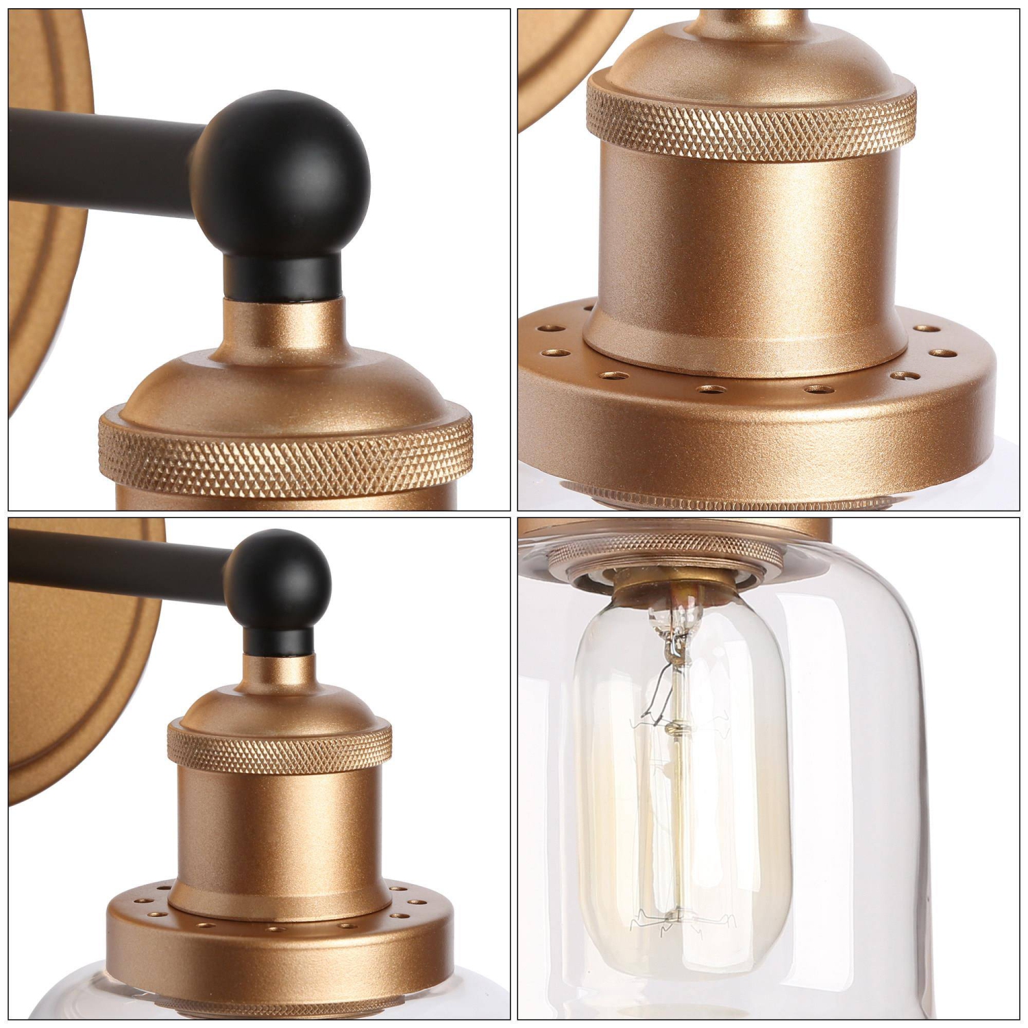 Applique murale transitionnelle Bell pour salle de bain, 1 lumières modernes, noir et laiton, abat-jour en verre transparent