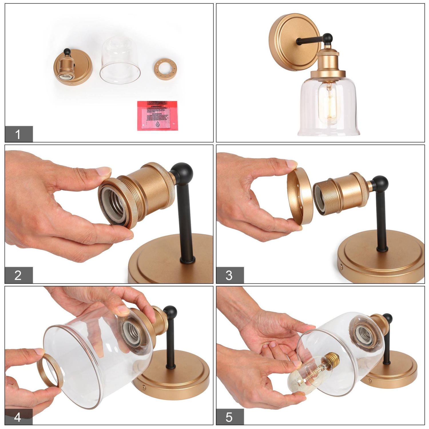 Applique murale transitionnelle Bell pour salle de bain, 1 lumières modernes, noir et laiton, abat-jour en verre transparent