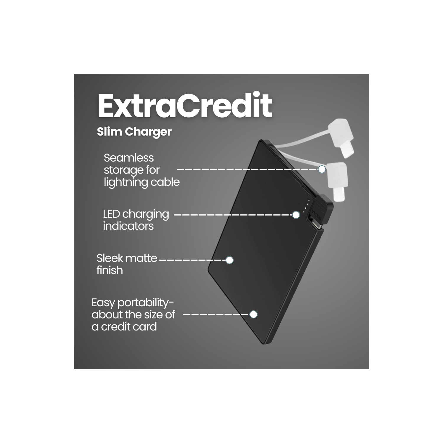 Chargeur portatif mince ExtraCredit de TechLok | taille carte de crédit chargeur portable pour iPhone | recharge rapide avec câble Lightning intégré