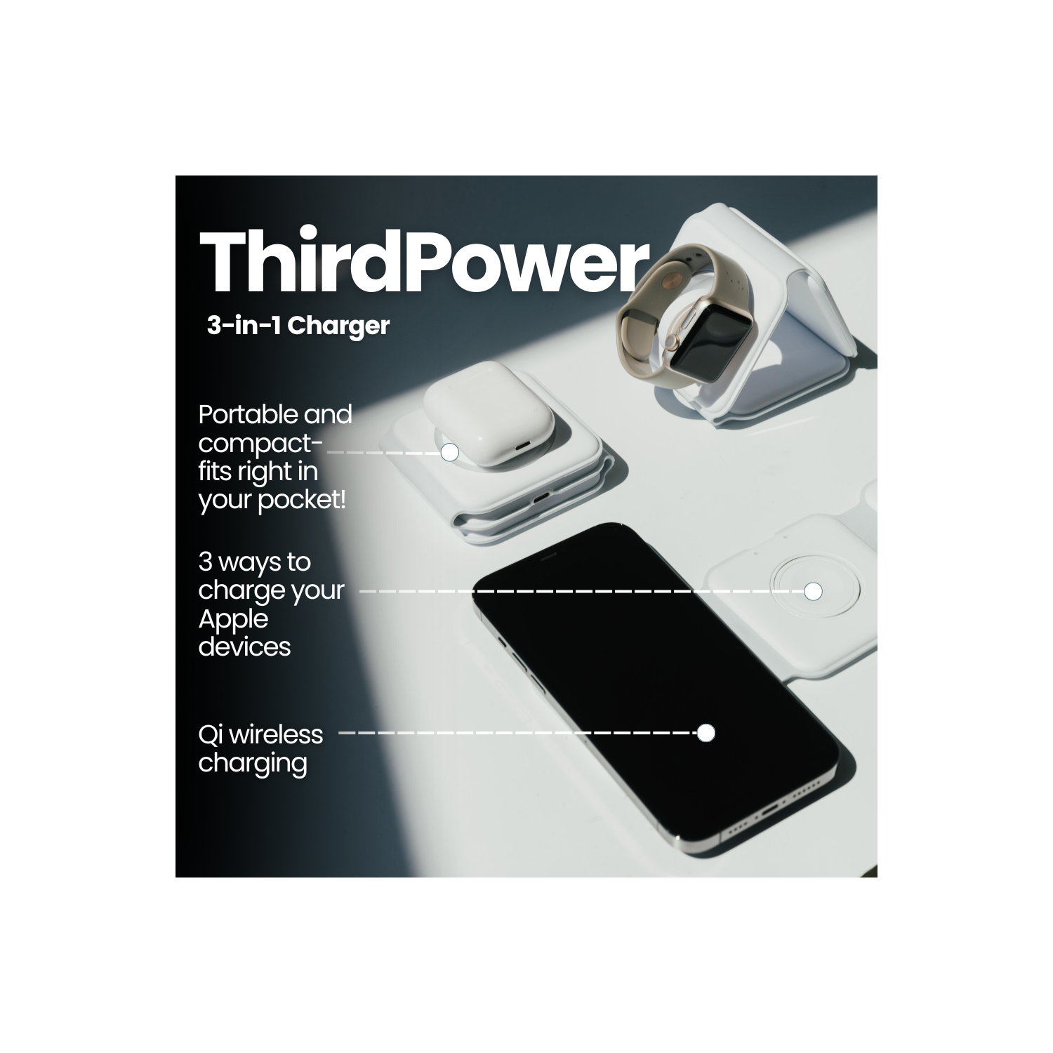 Chargeur portatif 3-en-1 ThirdPower de TechLok pour iPhone | Station de chargement sans fil pour plusieurs appareils Apple Phone | Tapis de