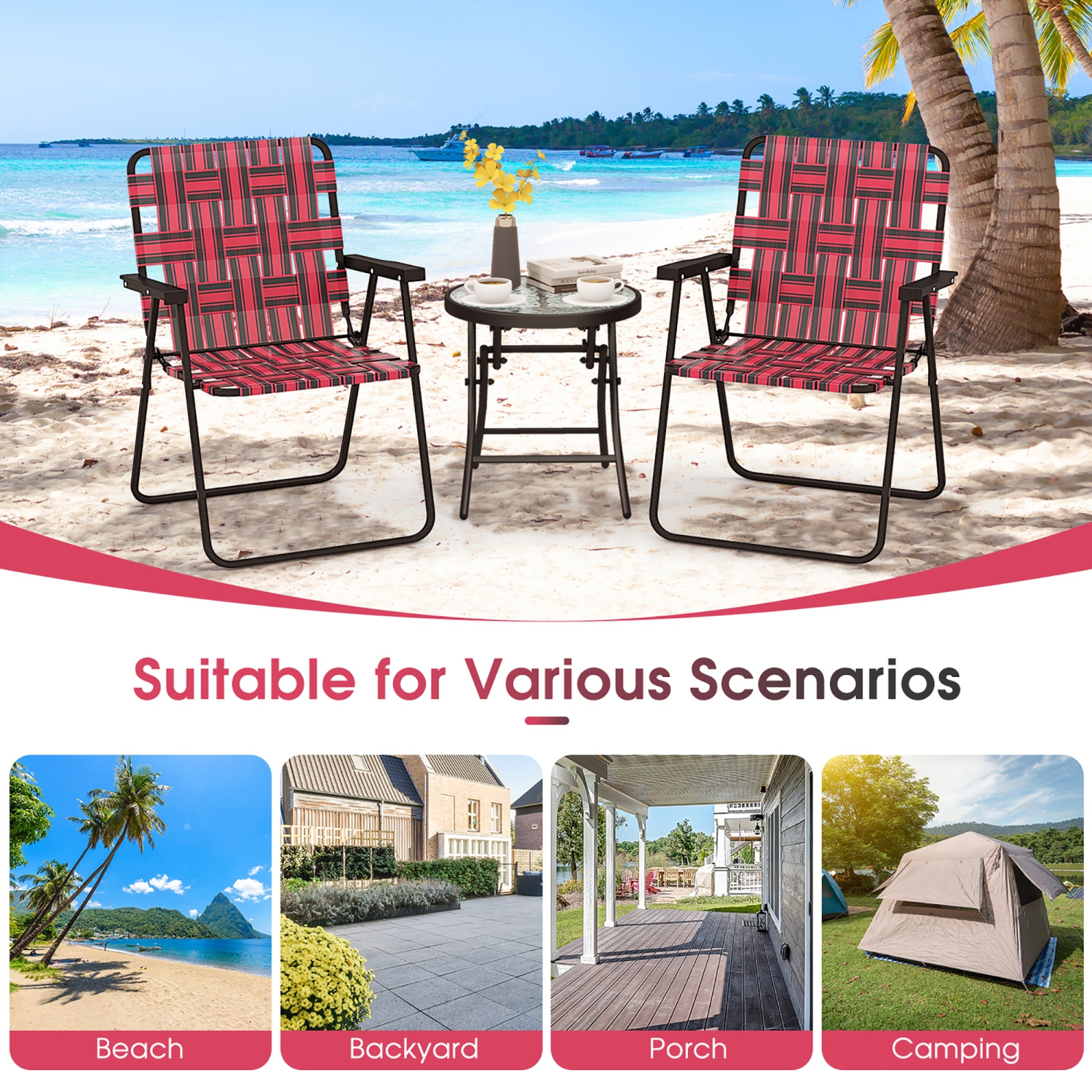 Gymax Set of 4 Patio Folding Web Chair Set Portable Beach Camping Chair Red