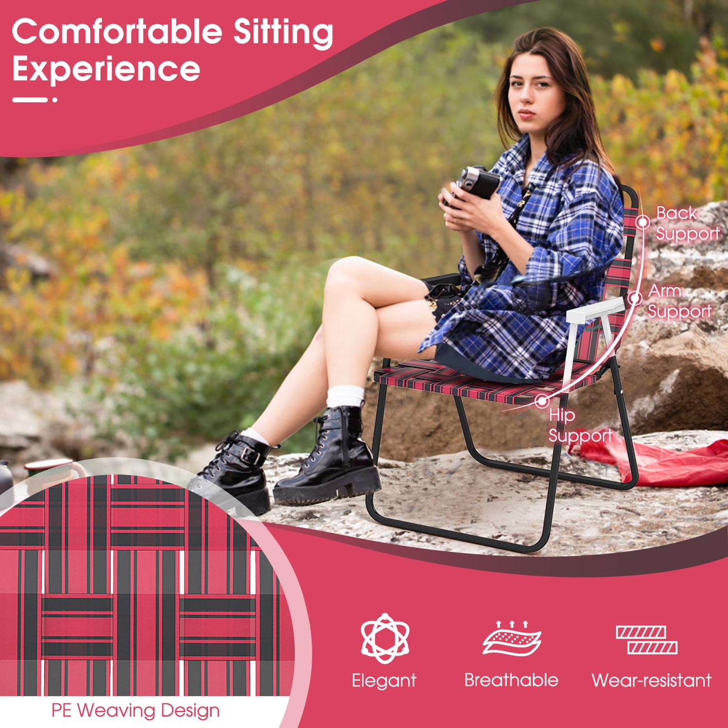 Gymax Set of 4 Patio Folding Web Chair Set Portable Beach Camping Chair Red