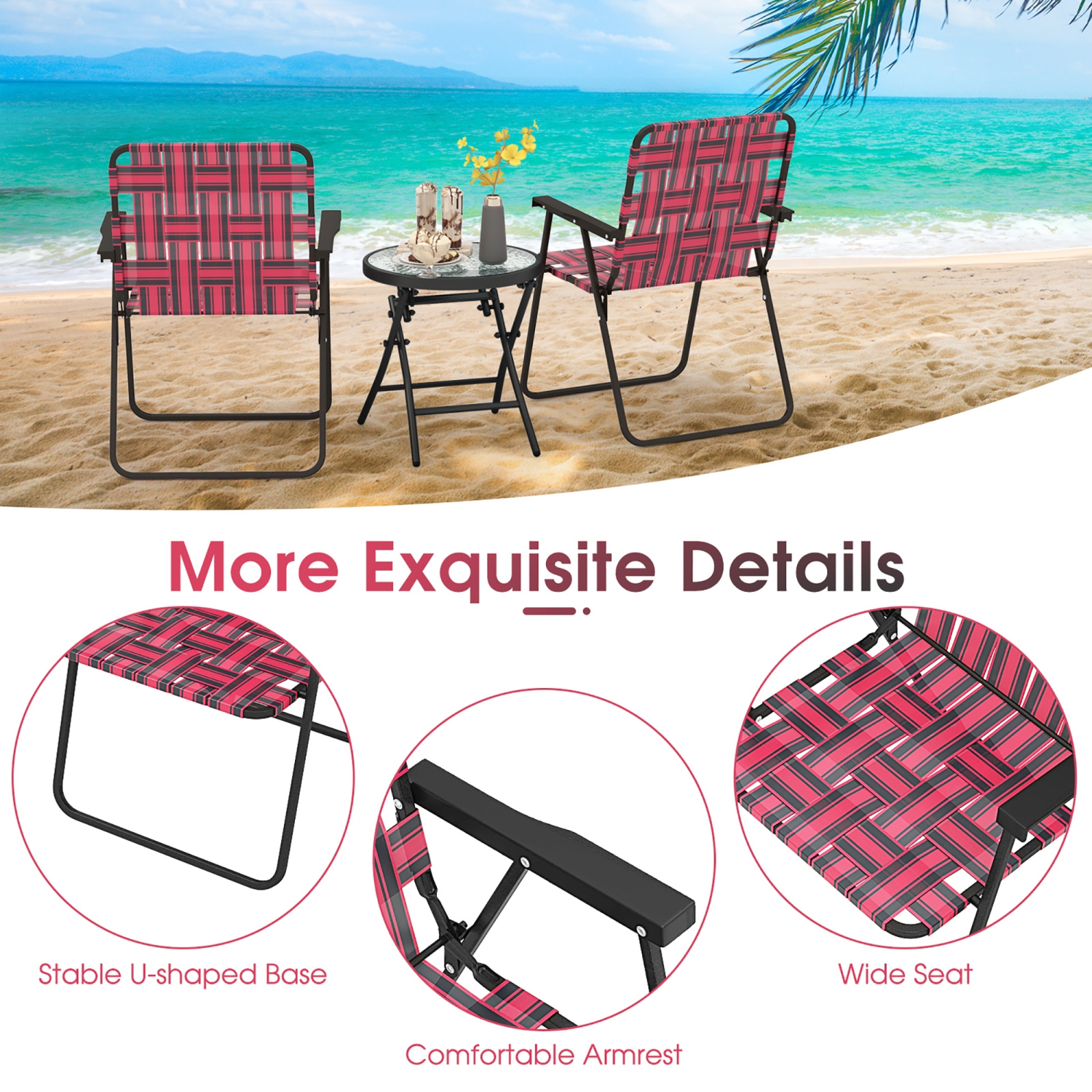 Gymax Set of 4 Patio Folding Web Chair Set Portable Beach Camping Chair Red