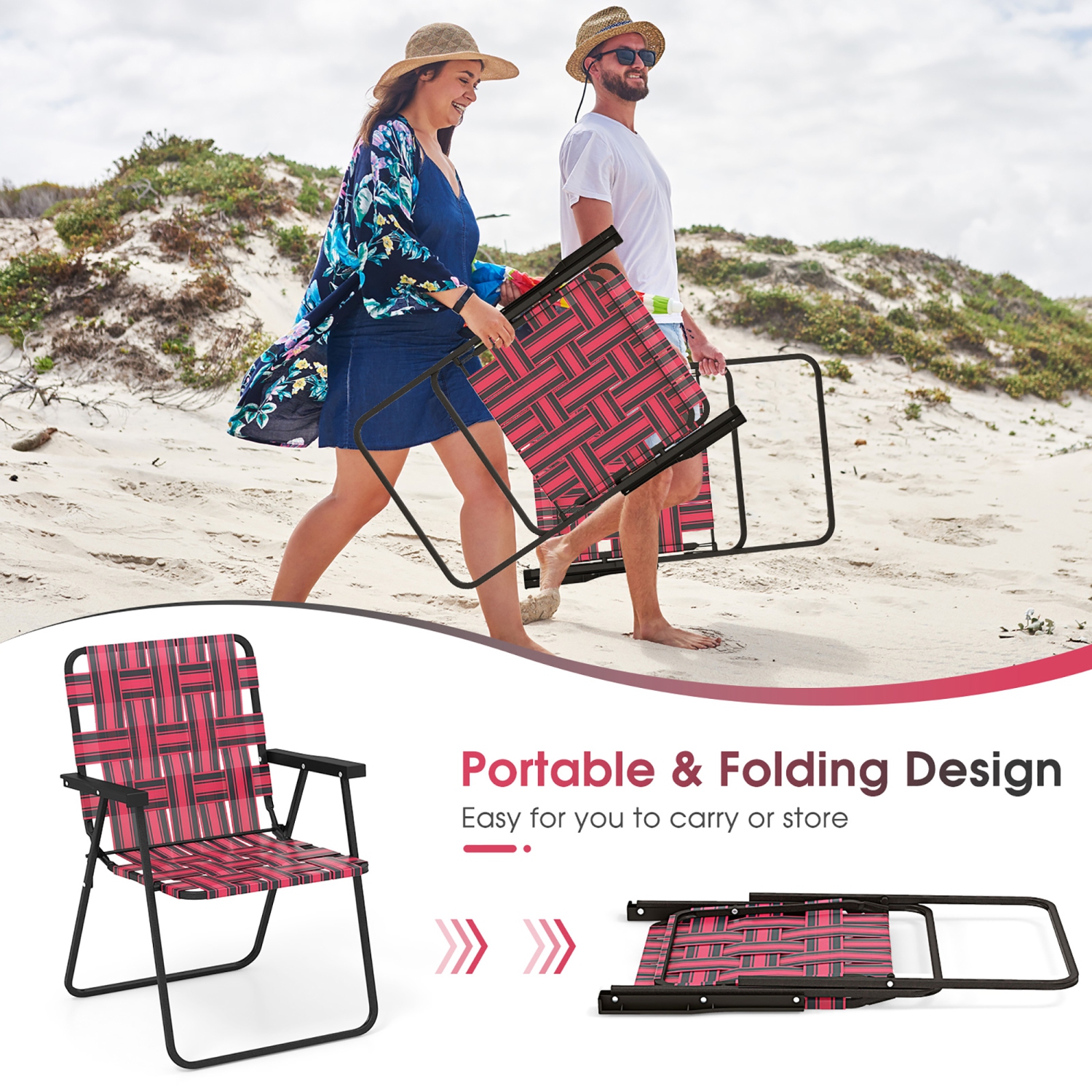 Gymax Set of 4 Patio Folding Web Chair Set Portable Beach Camping Chair Red