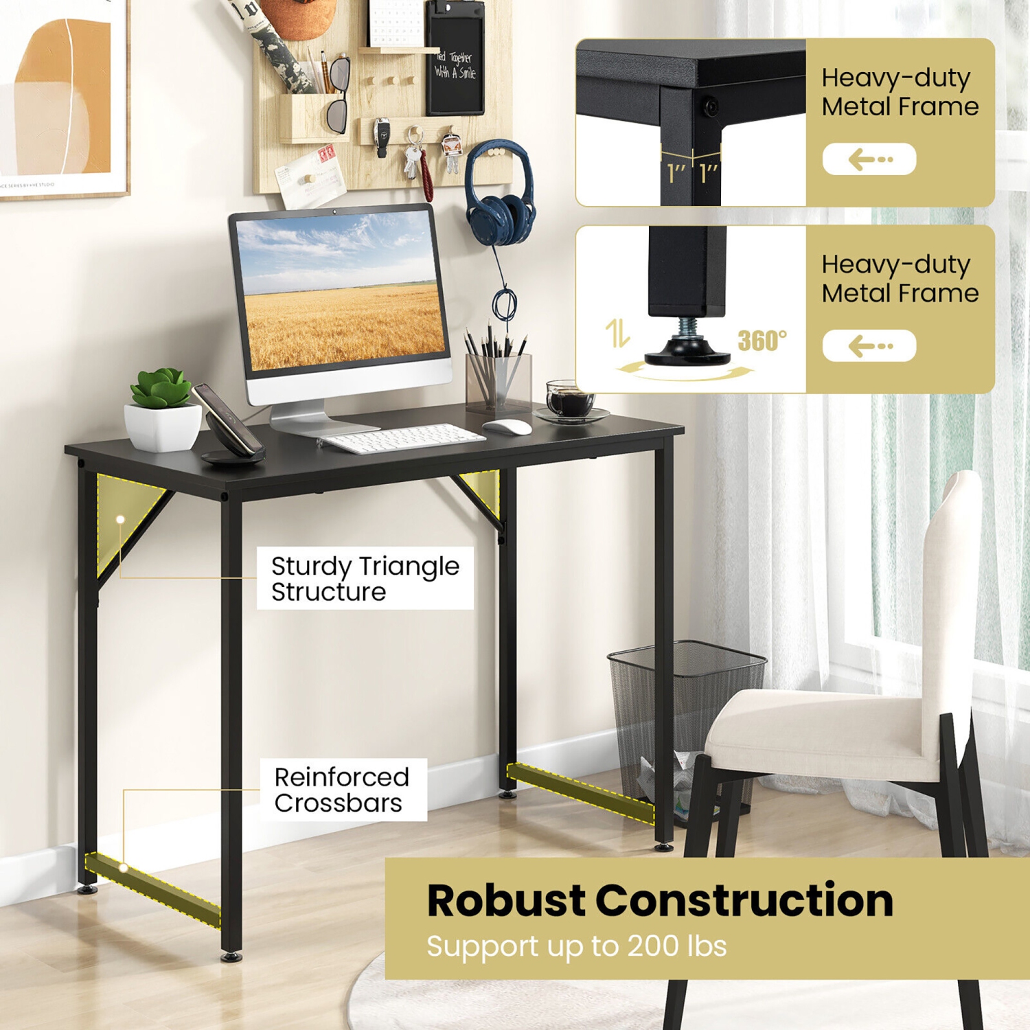 Gymax 2PCS 40-Inch Small Computer Desk Home Office PC Workstation w/ Heavy-duty Metal Frame Black