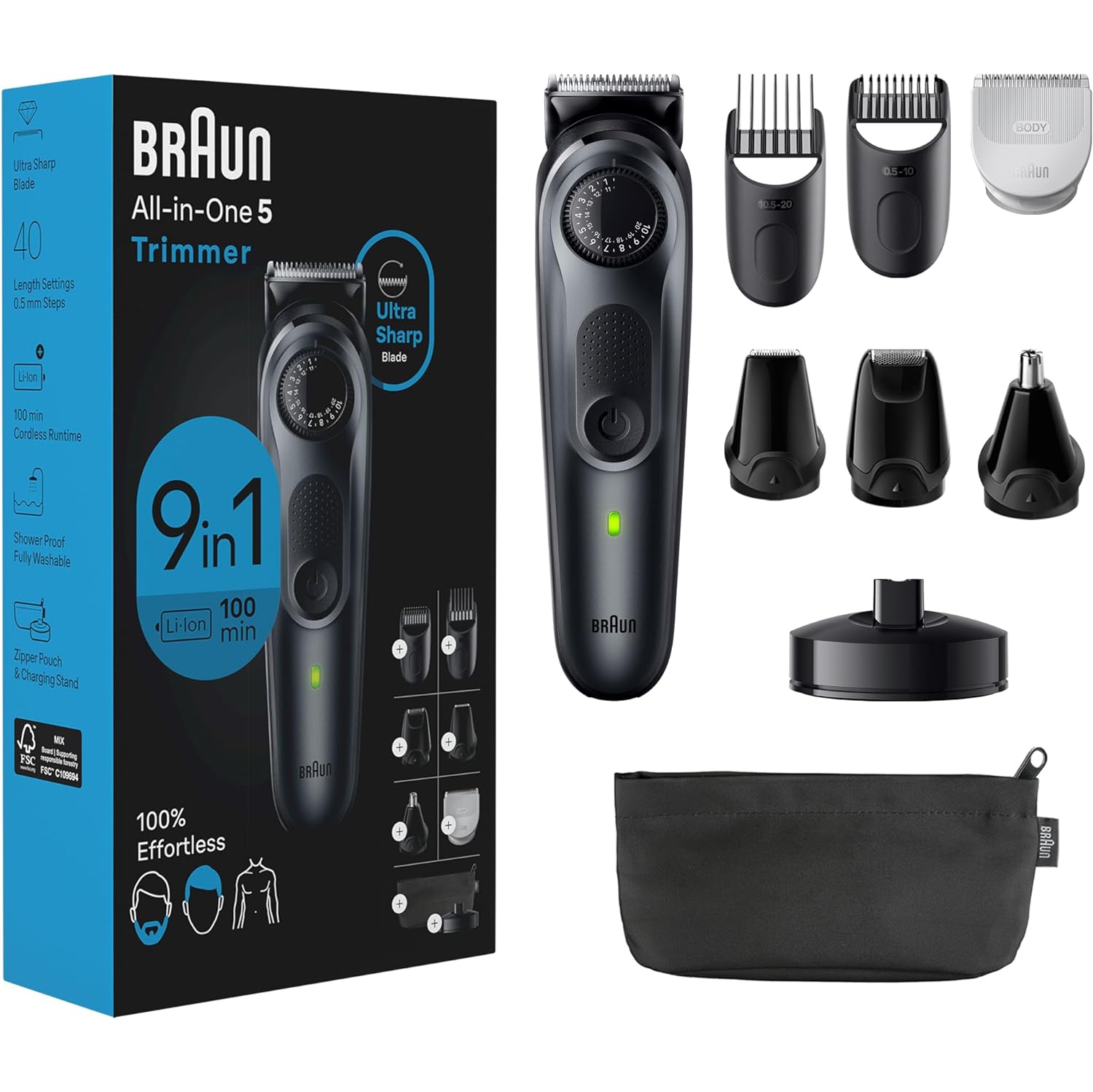 Braun All-in-One Style Kit Series 5 5490, 9-in-1 Trimmer for Men with Beard Trimmer, Body Trimmer for Manscaping, Hair Clippers & More, Ultra-Sharp Blade, 40 Length Settings