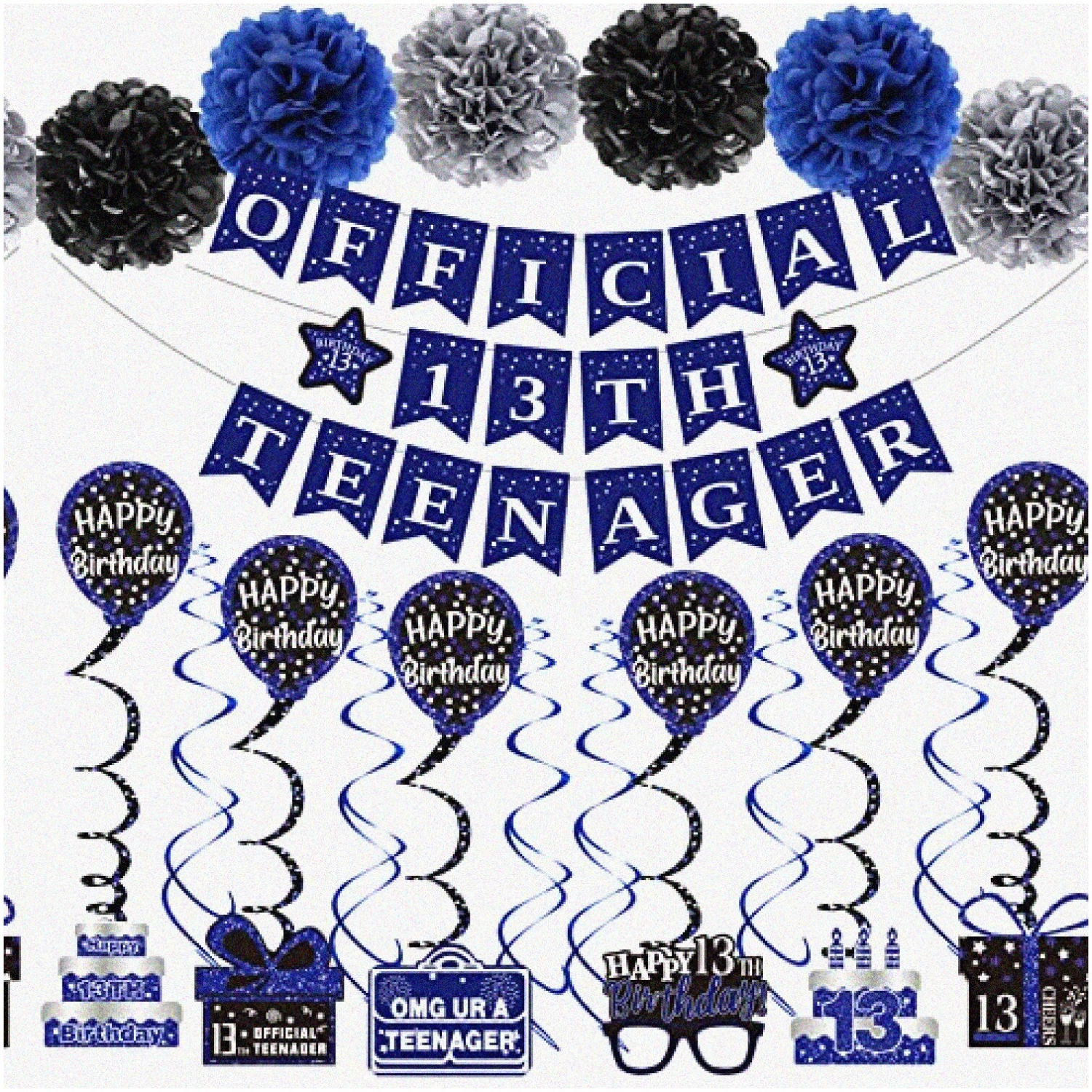 Teenage Bliss: Blue 13th Birthday Party Kit - Official Decorations, Double-Sided Card, Pompoms, Hanging Swirls - Celebrate 13 Years with Style!