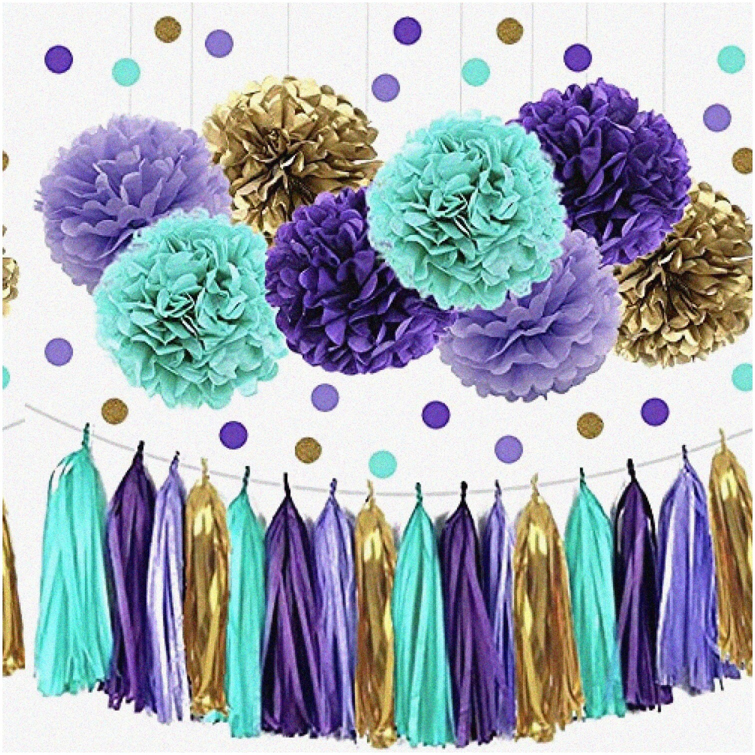 Raya's Enchanting Pom Poms & Garland Set: 30pcs Purple Lavender Green Gold Tissue Paper Decor, Perfect for Princess Jasmin Party, Baby Shower, Mermaid Theme.
