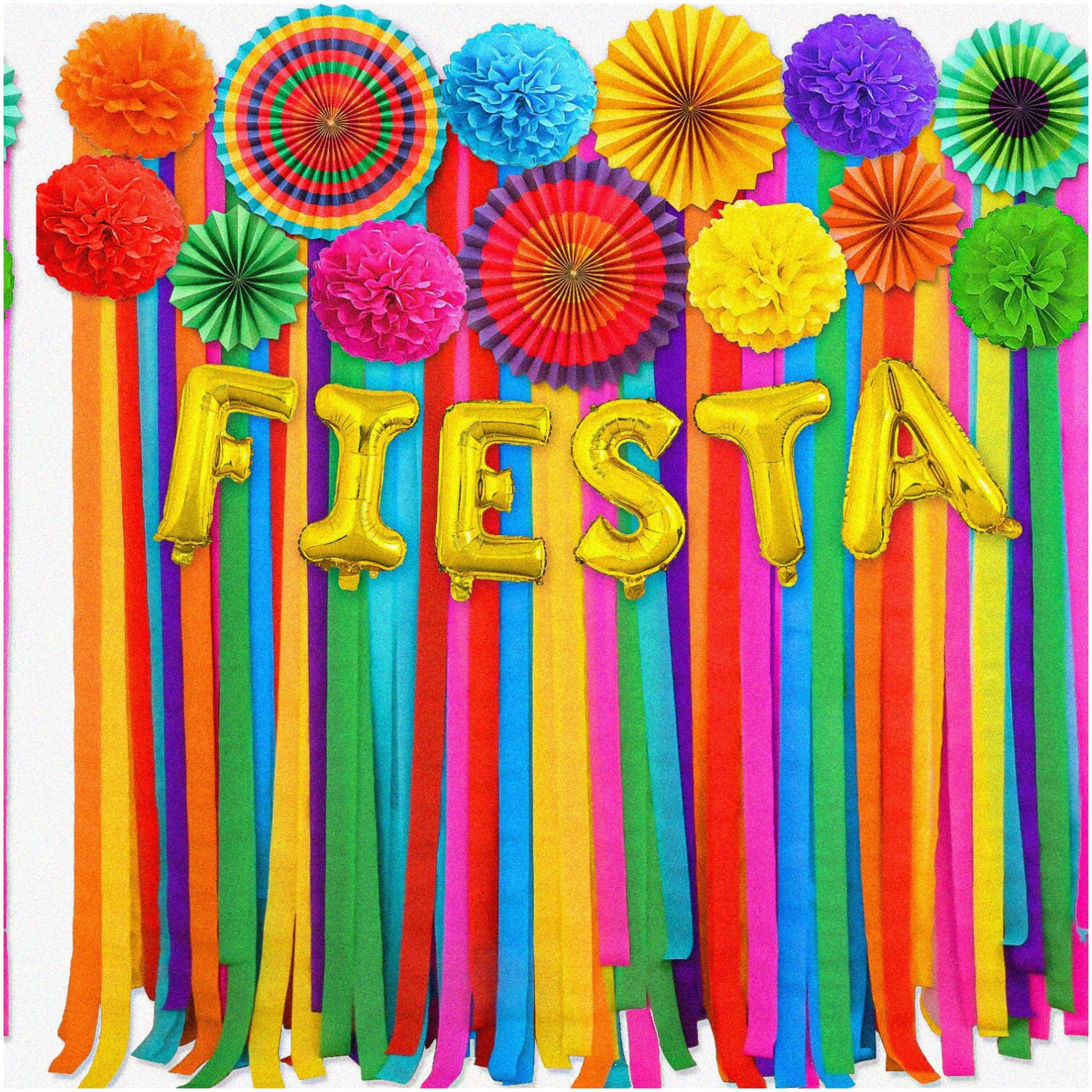 Fiesta Fiesta: 32pcs Mexican Party Decorations Kit - Vibrant Crepe Paper Streamers, Backdrop, Paper Fans, Pom Poms, Flowers, Taco Decor - Celebrate Day of the Dead & Cinco de Mayo