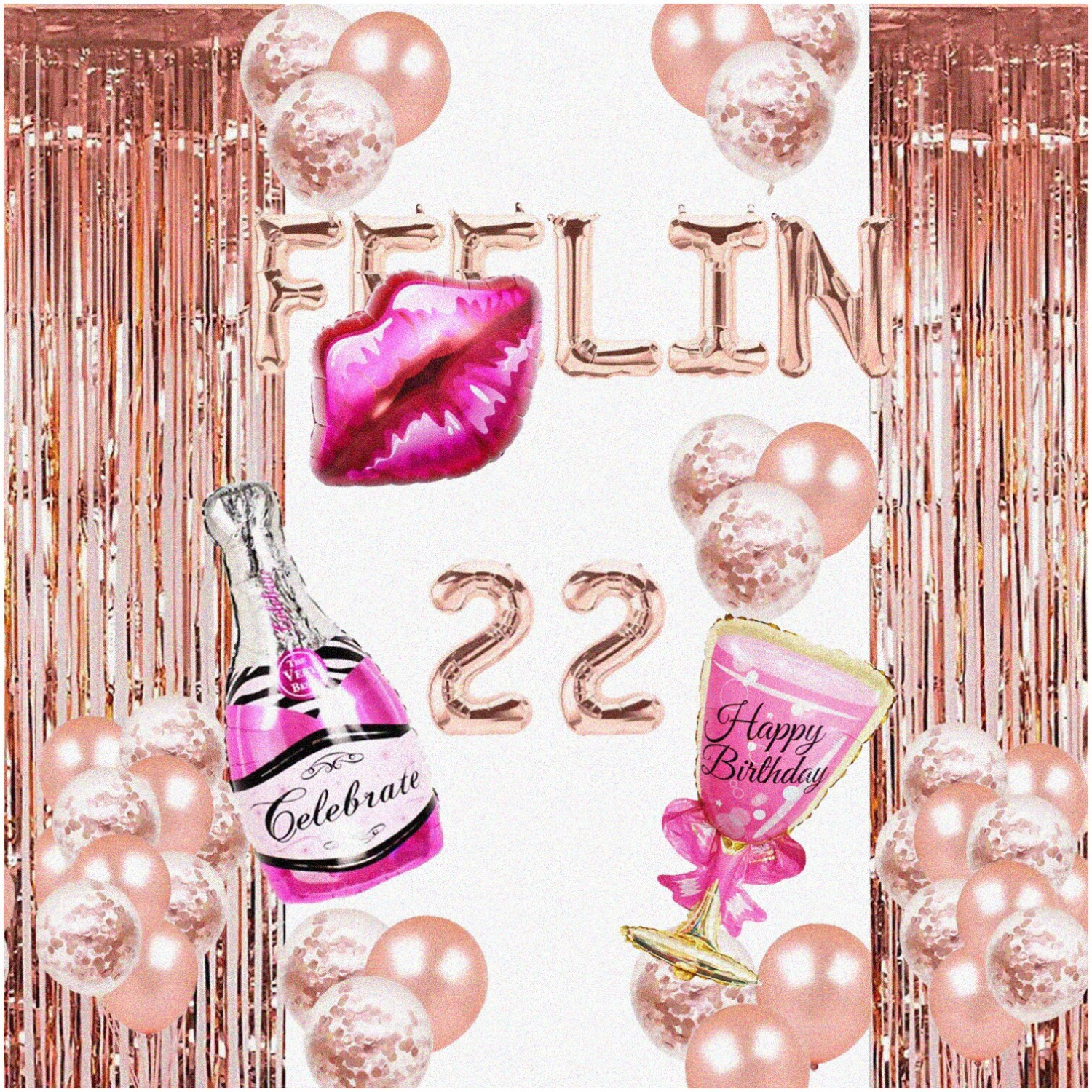 Fabulous 22nd Birthday Bash: Rose Gold Balloons & Party Decorations - Sweet 22, Hello 22, Cheers to 22! Red Kissy Lips, Champagne Bottle Theme - Celebrate 22 Years in Style!