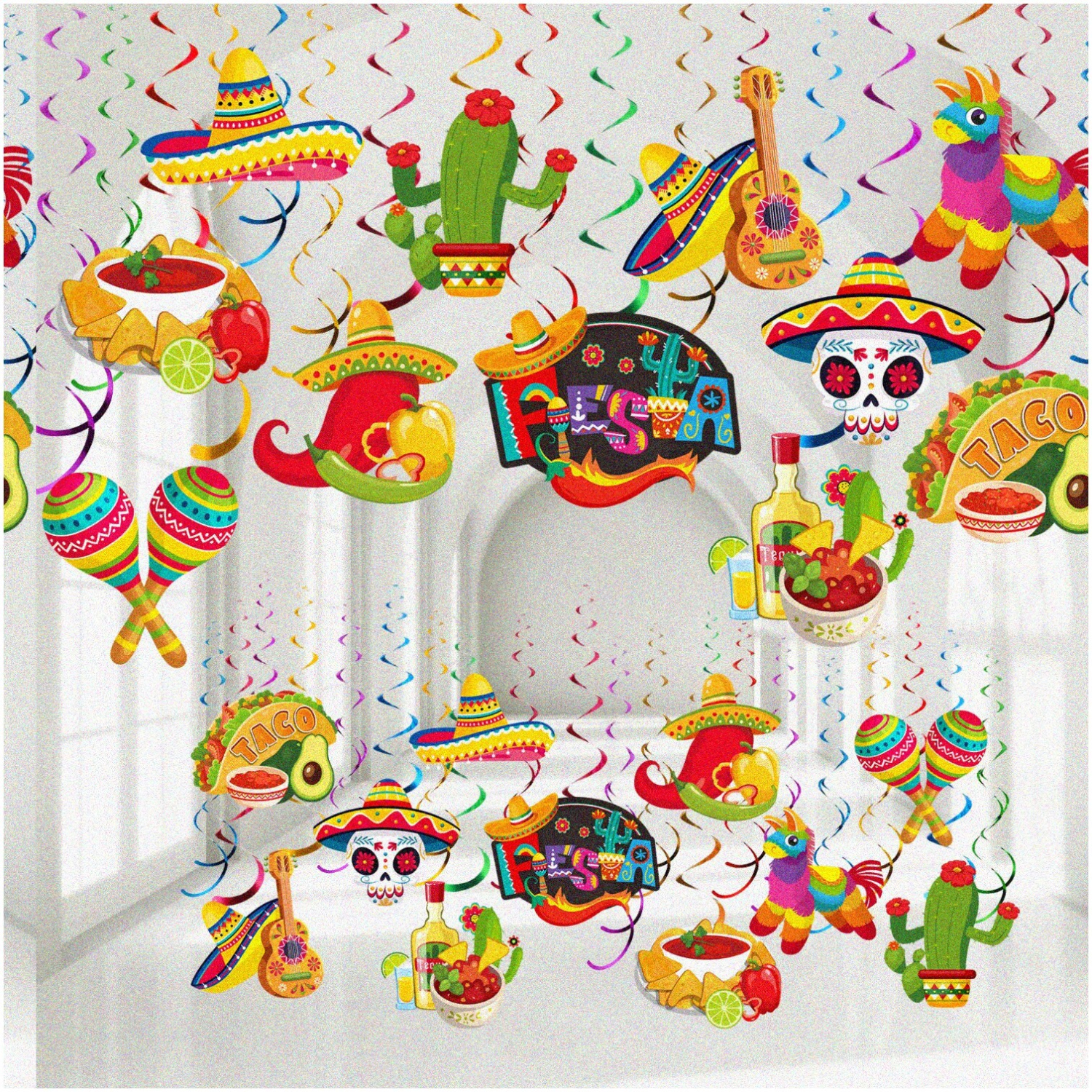 Mexican Fiesta Swirls: 51-Piece Cinco De Mayo Party Decorations for Taco Twosday Birthday Theme, Boys Girls Shower - Hanging Ceiling Supplies