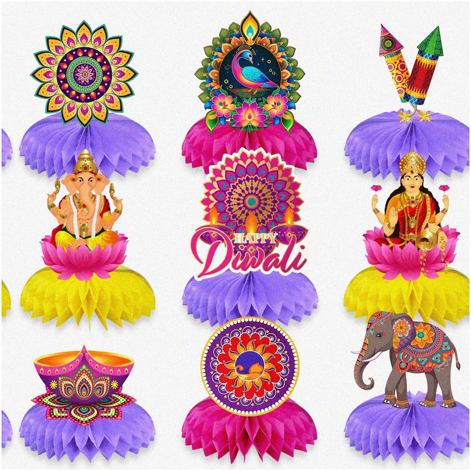 Diwali Delight Honeycomb Centerpieces - 9pcs Festive Table Decorations for India's Festival of Lights & Deepawali Party Décor.