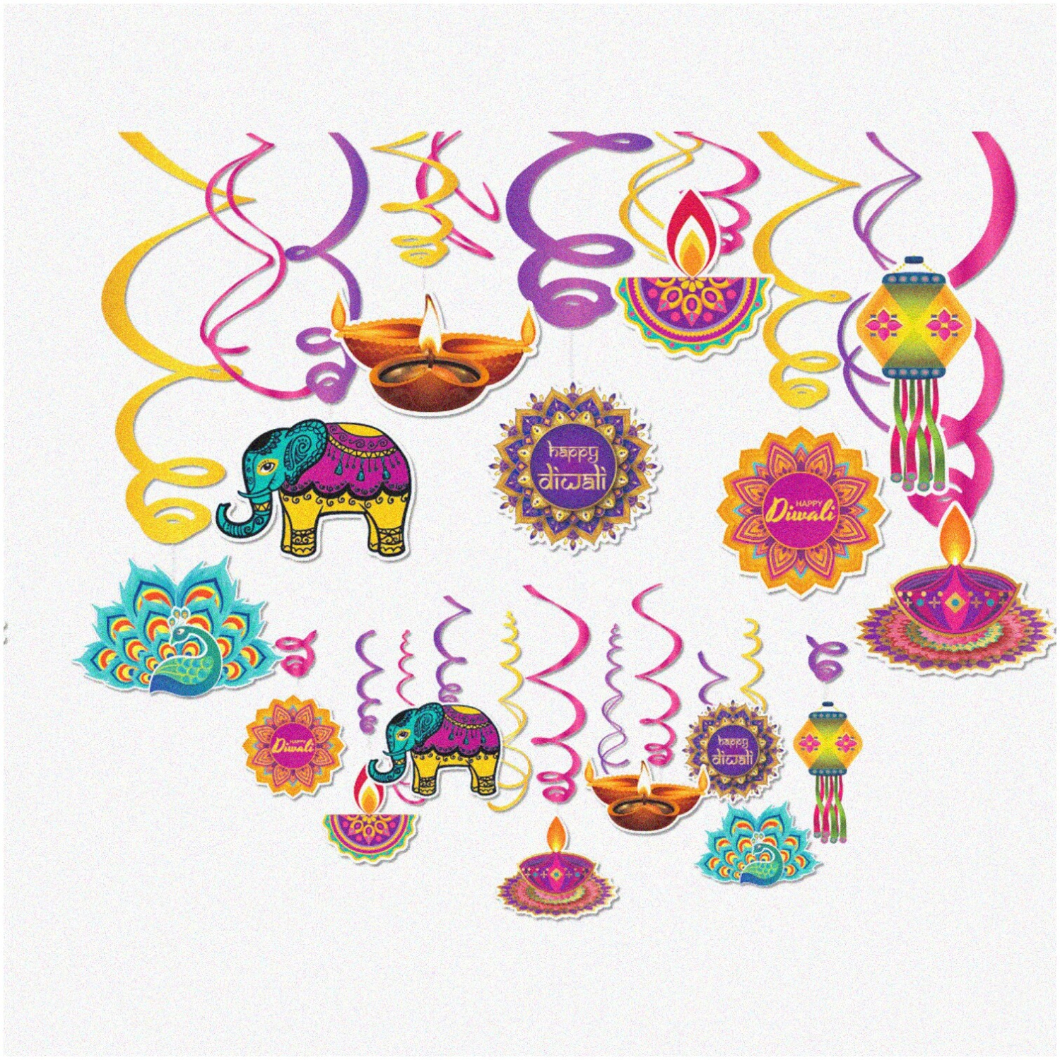 Diwali Delight Swirls - 30pcs Festive Hanging Decorations for India's Festival of Lights, Deepawali Party Décor