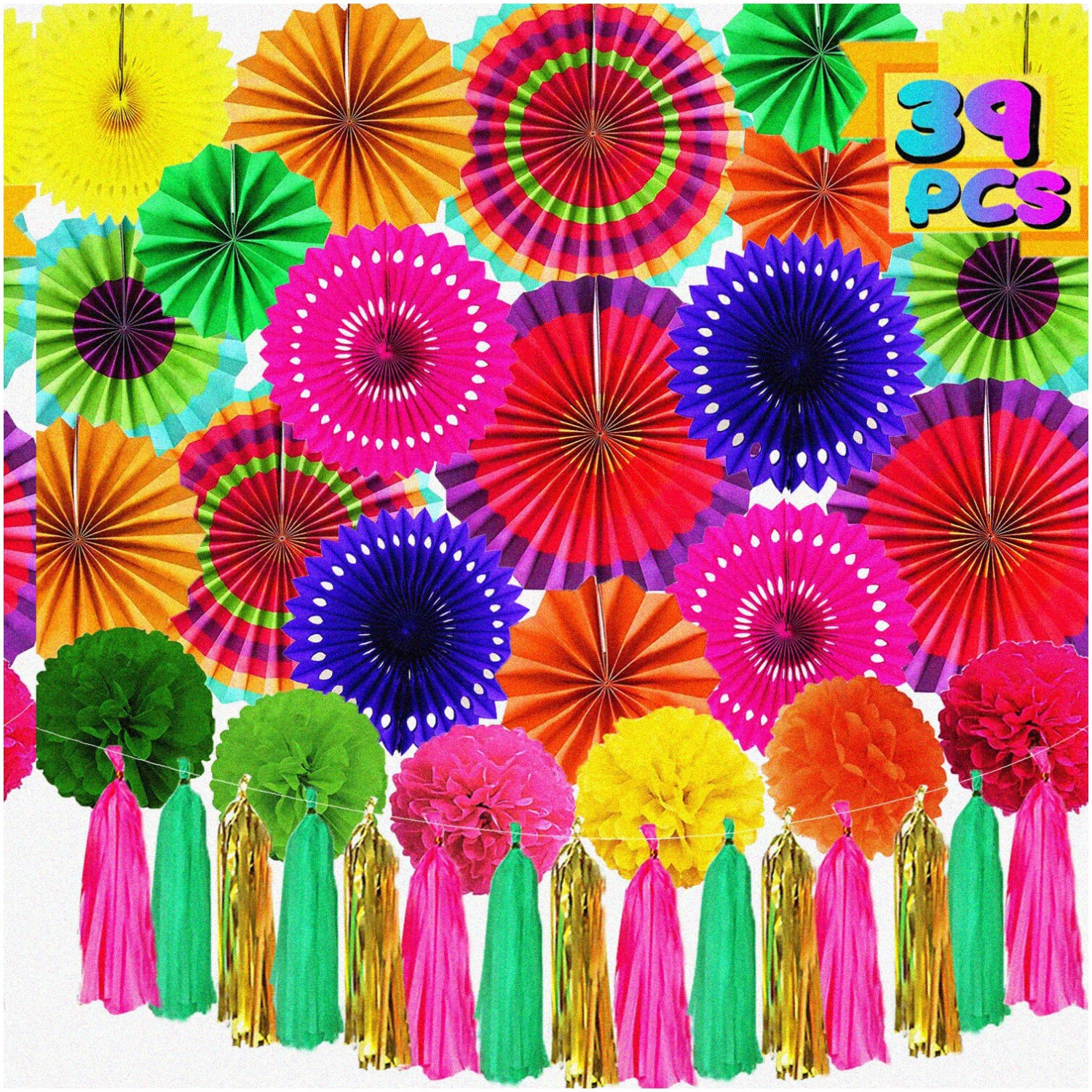 Fiesta Fun Pack: Colorful Hanging Paper Fans & Pom Poms - Mexican Party Decorations, Cinco De Mayo Supplies, Taco Tuesday Luau - 39Pcs for Carnivals, Birthdays & More!