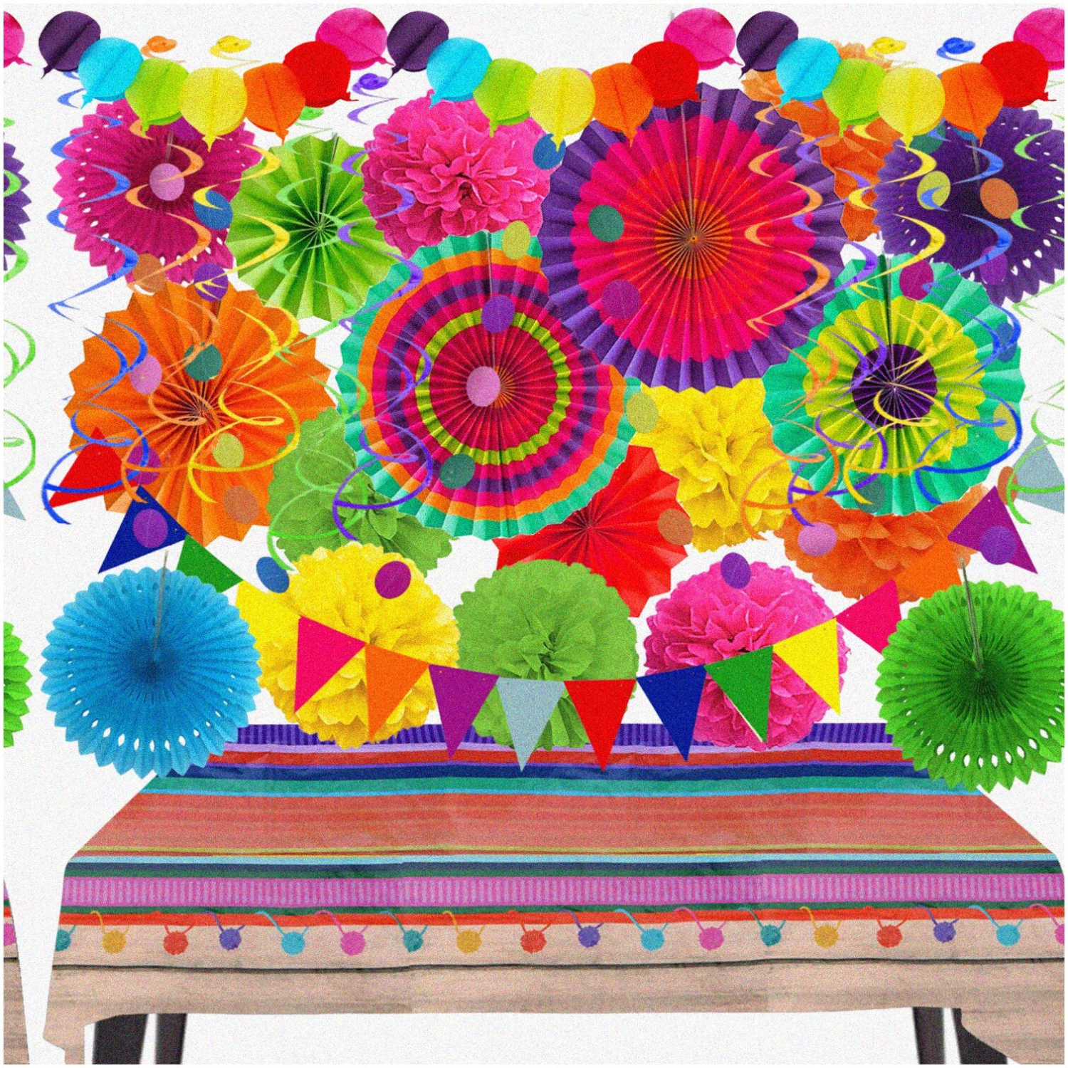 Fiesta Fun Pack: Multicoloured Tablecover, Paper Fans, Pompoms, Balloon Garlands, Hanging Swirls - Mexican Cinco De Mayo & Taco Party Supplies