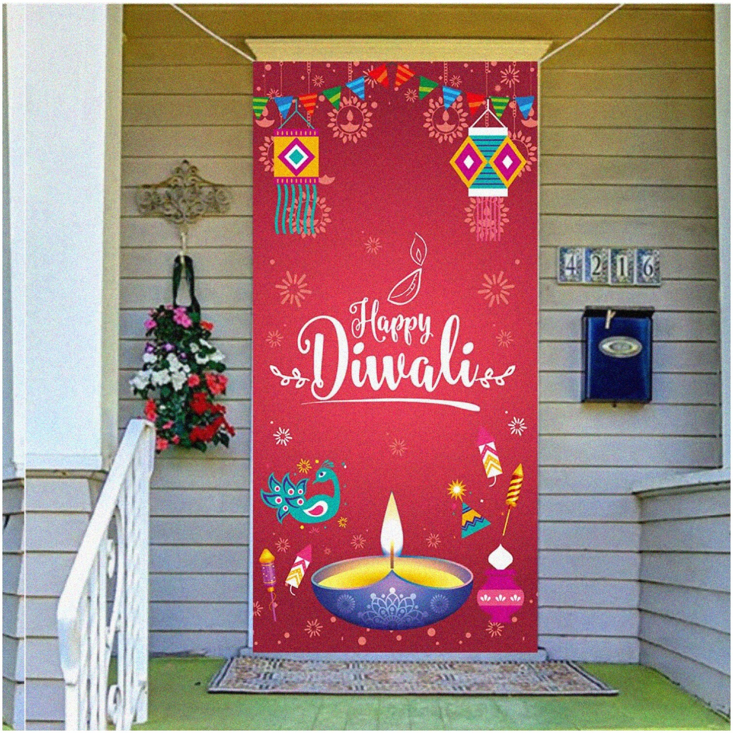 Sparkling Diwali Door Cover: Festive Sign & Lights Decorations - 70.8"x35.4" Banner for Deepawali Party, Celebrate India's Festival of Lights!