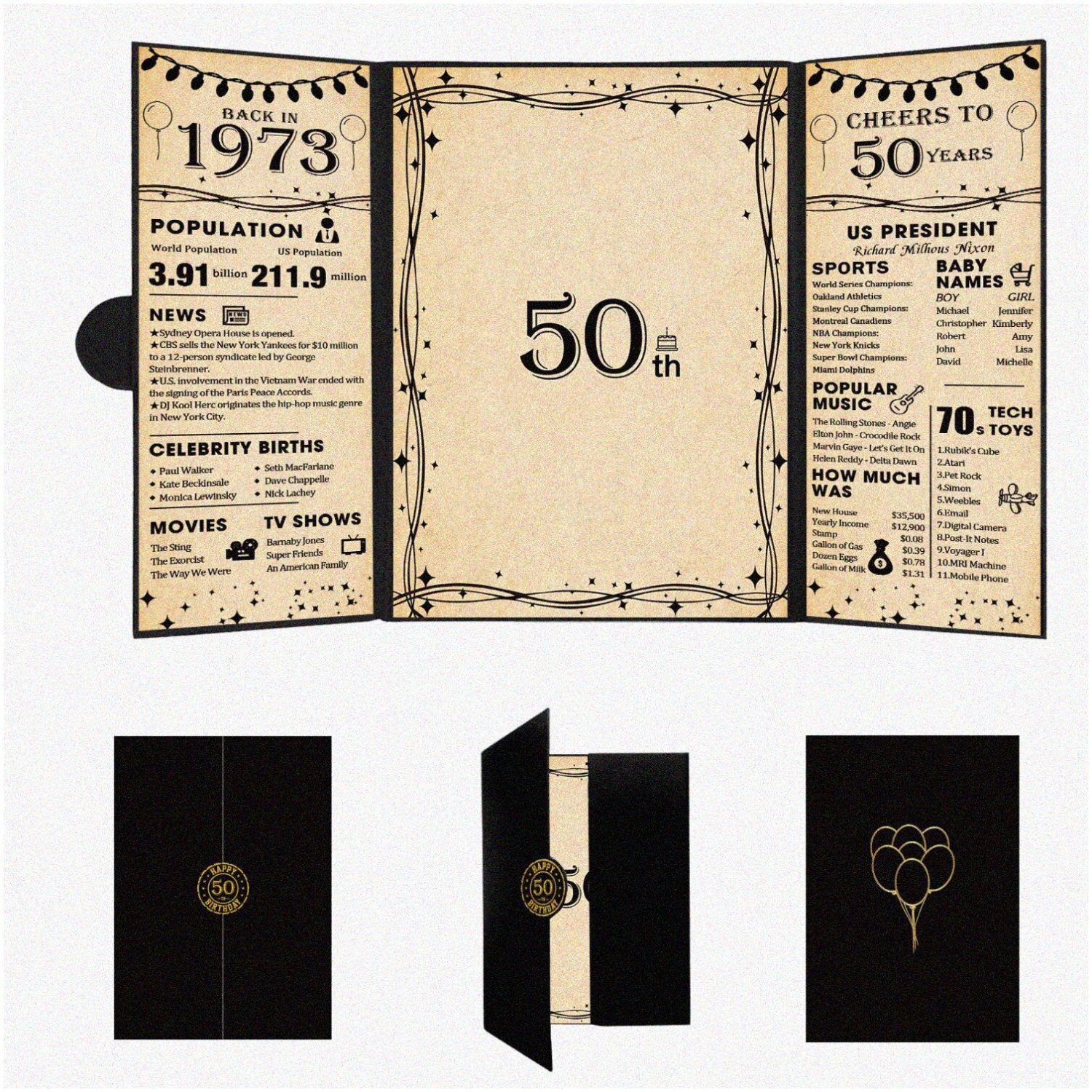 Golden Memories: 50th Birthday Celebration Kit - Tri-Fold Nostalgia Guest Book, Unforgettable Gifts, Milestone Party Supplies, Jumbo Cake - Perfect for Women and Men Turning 50!