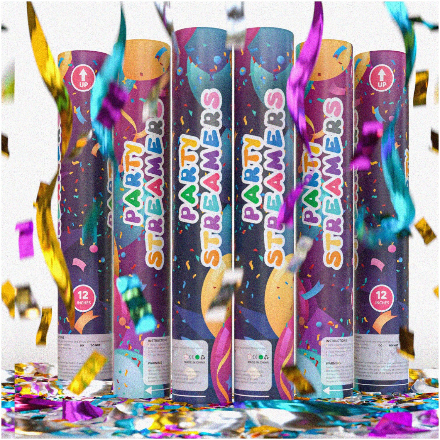 CelebrateXpress 6 Pack Streamer Confetti Cannon - No MESS, Shiny Multicolor Streamers - Launches Up to 25ft! Perfect for Graduation, Birthdays, Weddings - Giant 12in Poppers