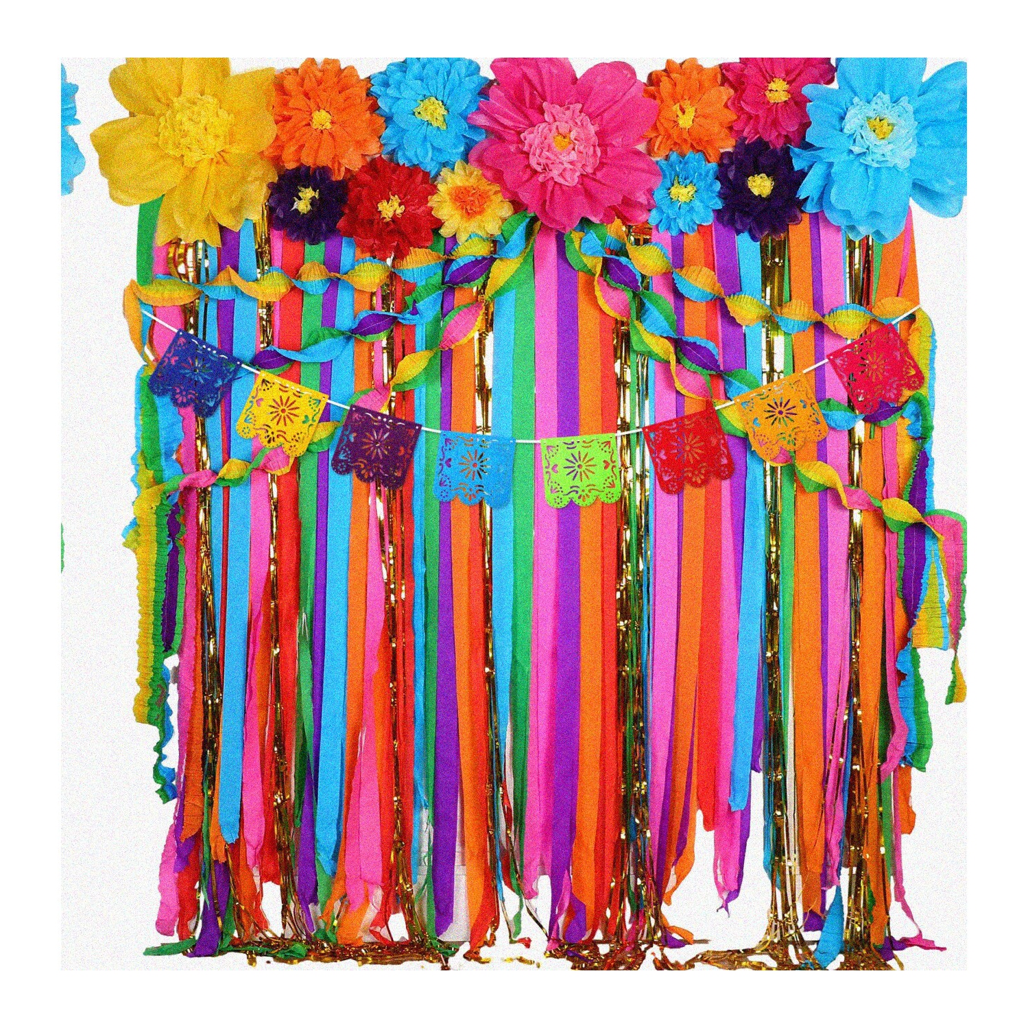 MexiFiesta 28-Piece Paper Flower & Streamer Set: Vibrant Cinco De Mayo Party Decorations with Ruffled Backdrop & Papel Picado Banner!