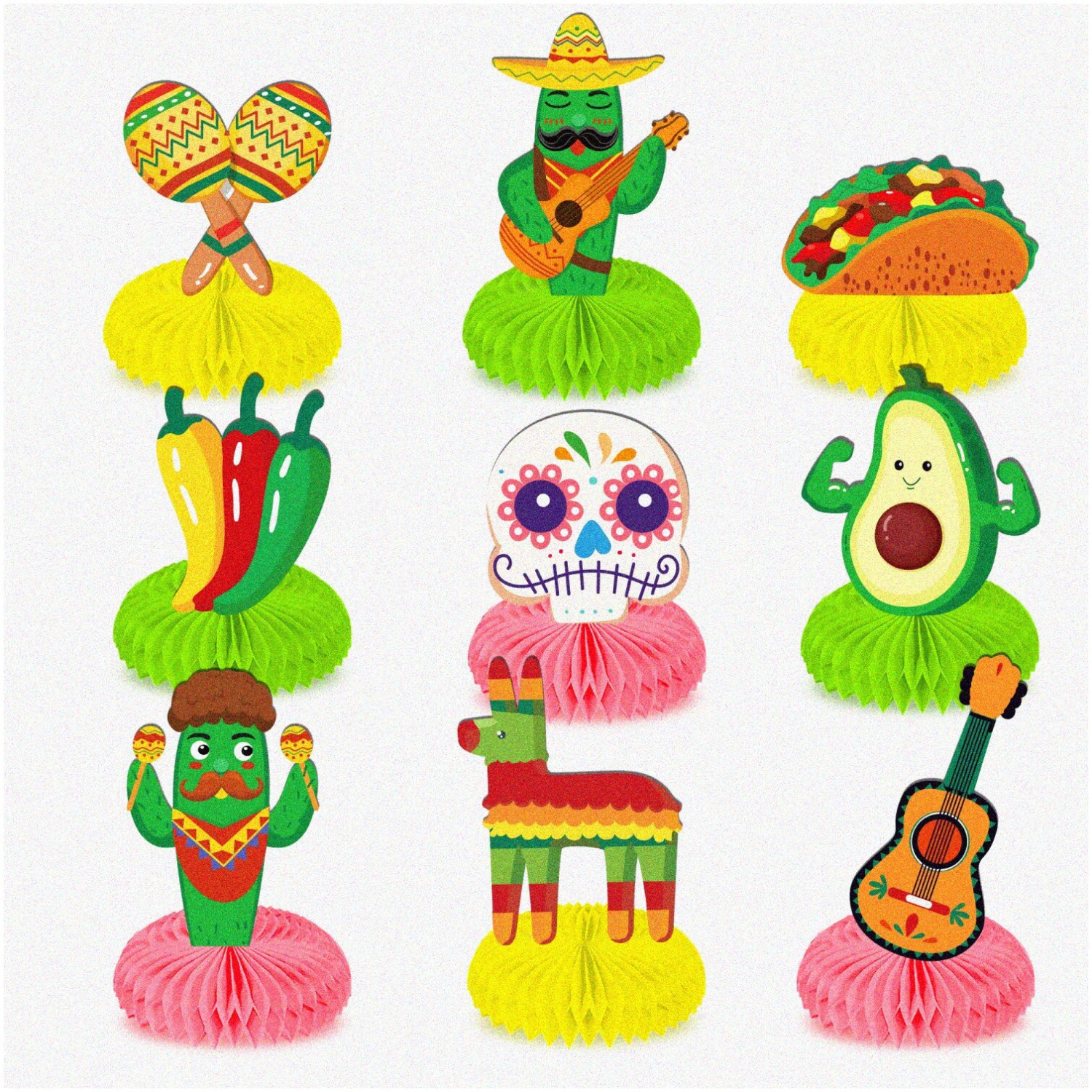 MexiFiesta Honeycomb Centerpieces - Taco Twosday Table Decor for Cinco De Mayo, Birthdays, Baby Showers, Bachelorettes - 9Pcs Set