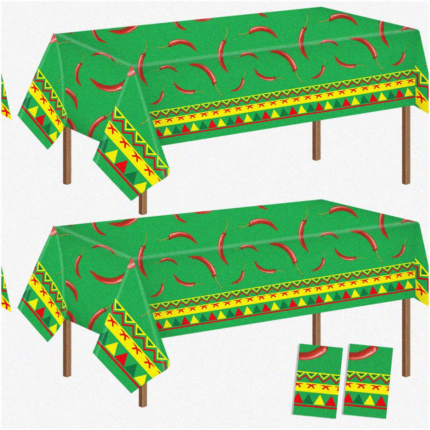 Spicy Fiesta 2-Piece Chili Pepper Tablecloth Set - 108''x54'' Cinco De Mayo Plastic Table Cover for Rectangular Tables - Disposable Party Decorations and Supplies