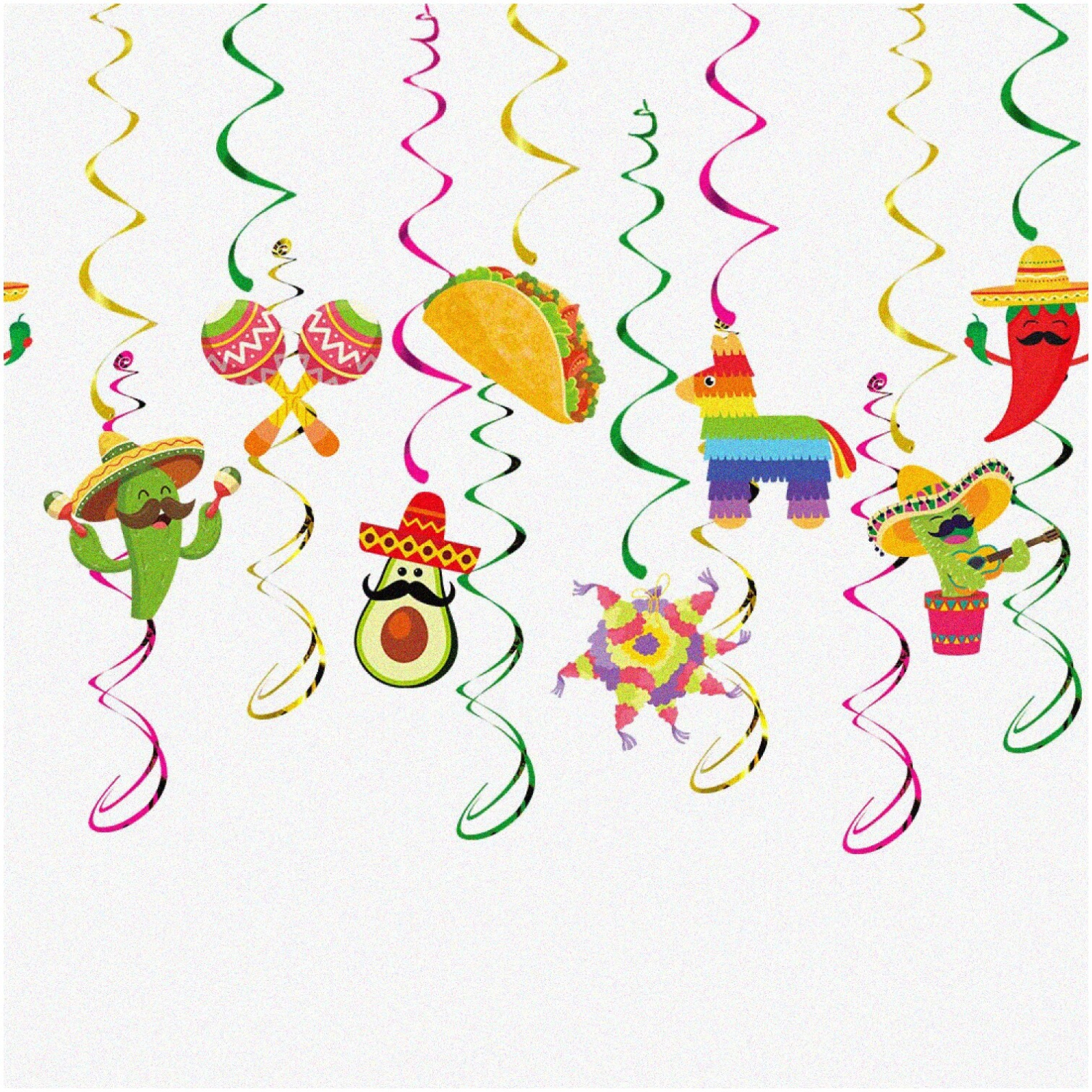 Mexican Fiesta Swirls: 14pc Cinco De Mayo Hanging Decorations - Let's Fiesta Taco Themed Party Decorations