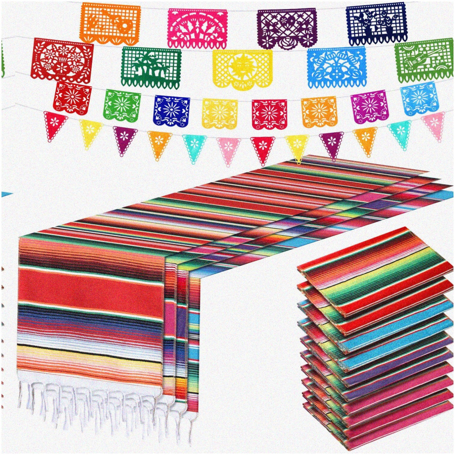 Fiesta Fiesta: Mexican Serape Table Runners & Papel Picado Banner Set - 10 Pack 14x84in, 29 Pcs Colorful Bunting for Theme Party - Rose Red, Purple, Blue, Red.