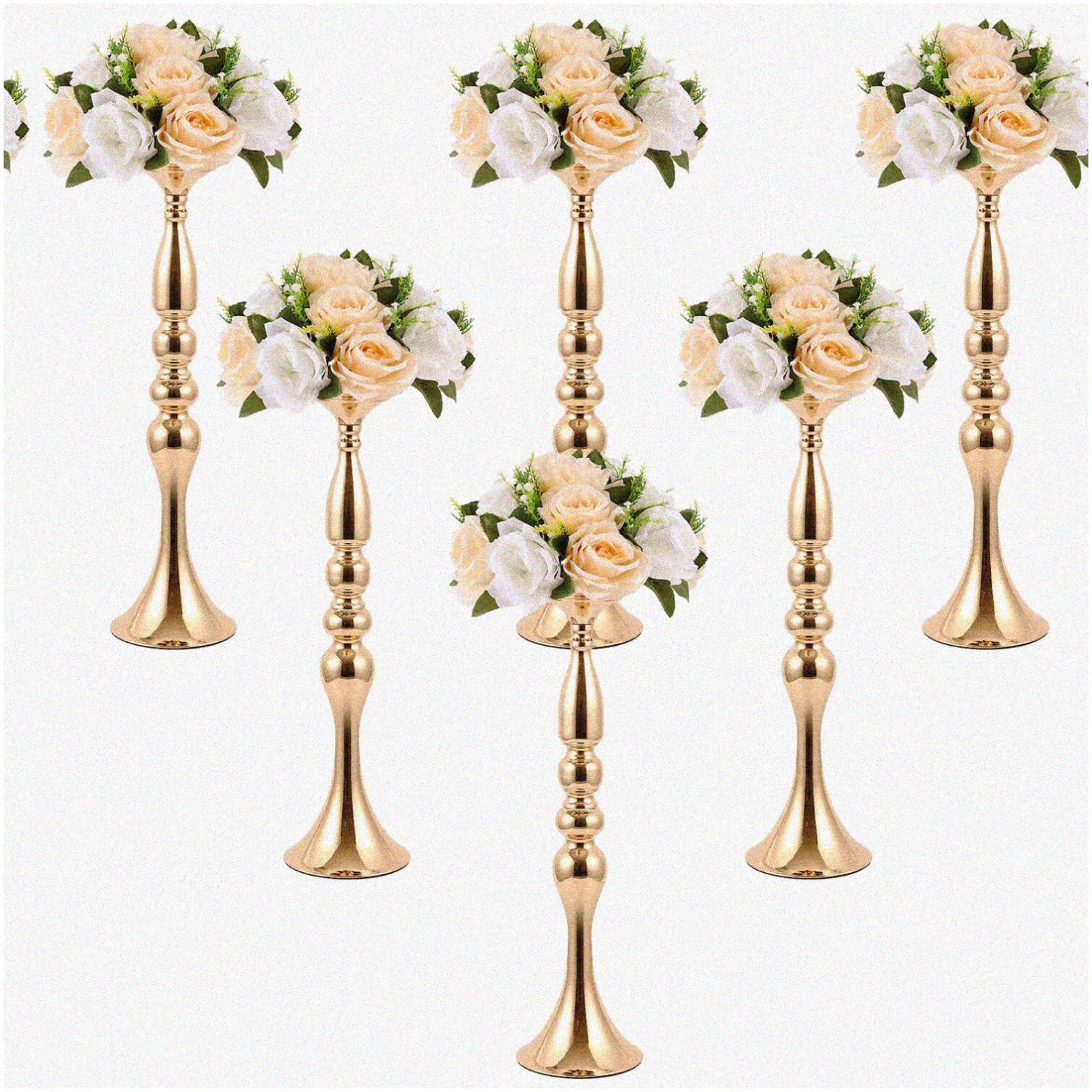 Golden Elegance: 6-Piece Metal Flower Centerpieces for Wedding Reception, Dinner Table, Holiday Party Decor. Enhance your Table Flower Vase Arrangements with this Candleholder Stan