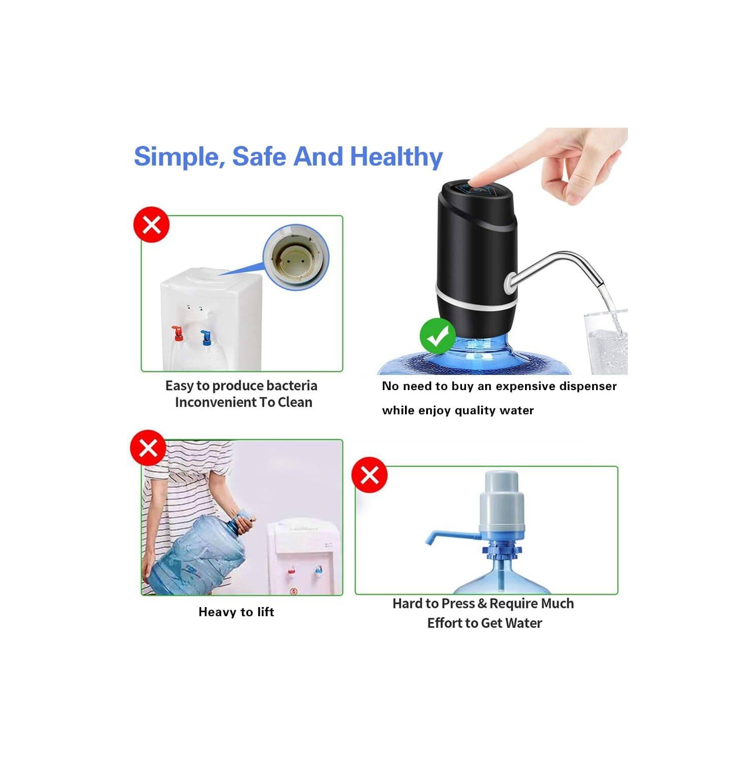 Pompe pour bouteille d'eau, pompe à eau pour bouteille de 5 gallons, recharge USB pompe à eau potable automatique pour la maison, extérieur, noir