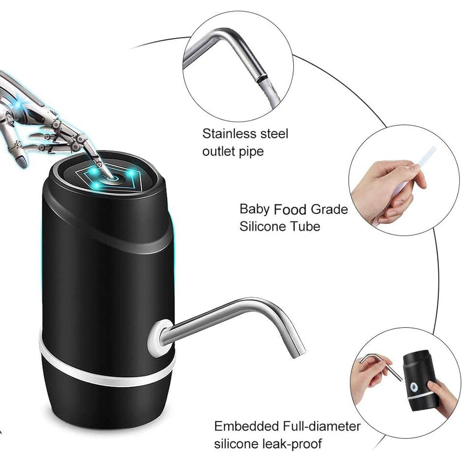 Pompe pour bouteille d'eau, pompe à eau pour bouteille de 5 gallons, recharge USB pompe à eau potable automatique pour la maison, extérieur, noir