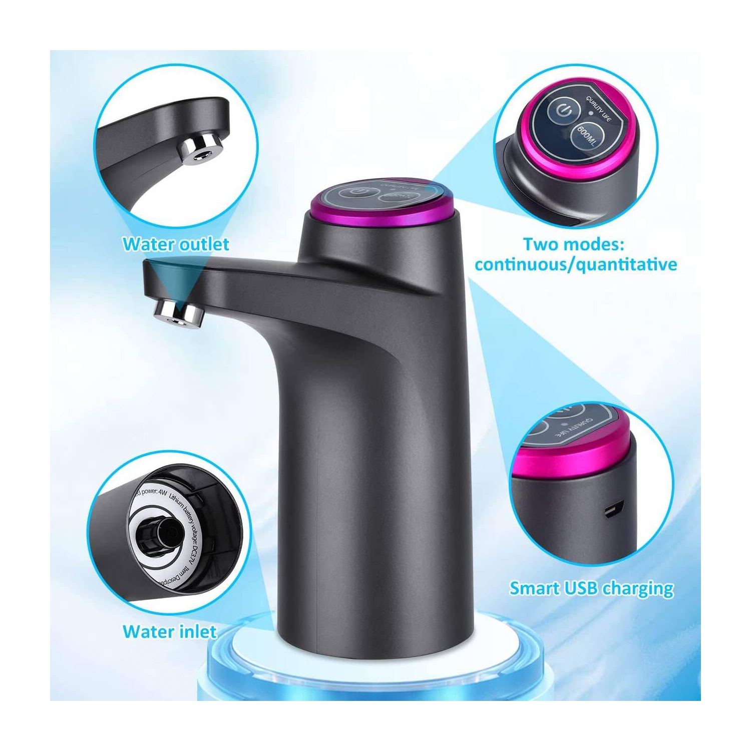 Water Dispenser, 2-5 Gallon Portable Water Bottle Pump, Electric Drinking Water Pump, Universal USB Charging Water Jug Pump for Camping, Home